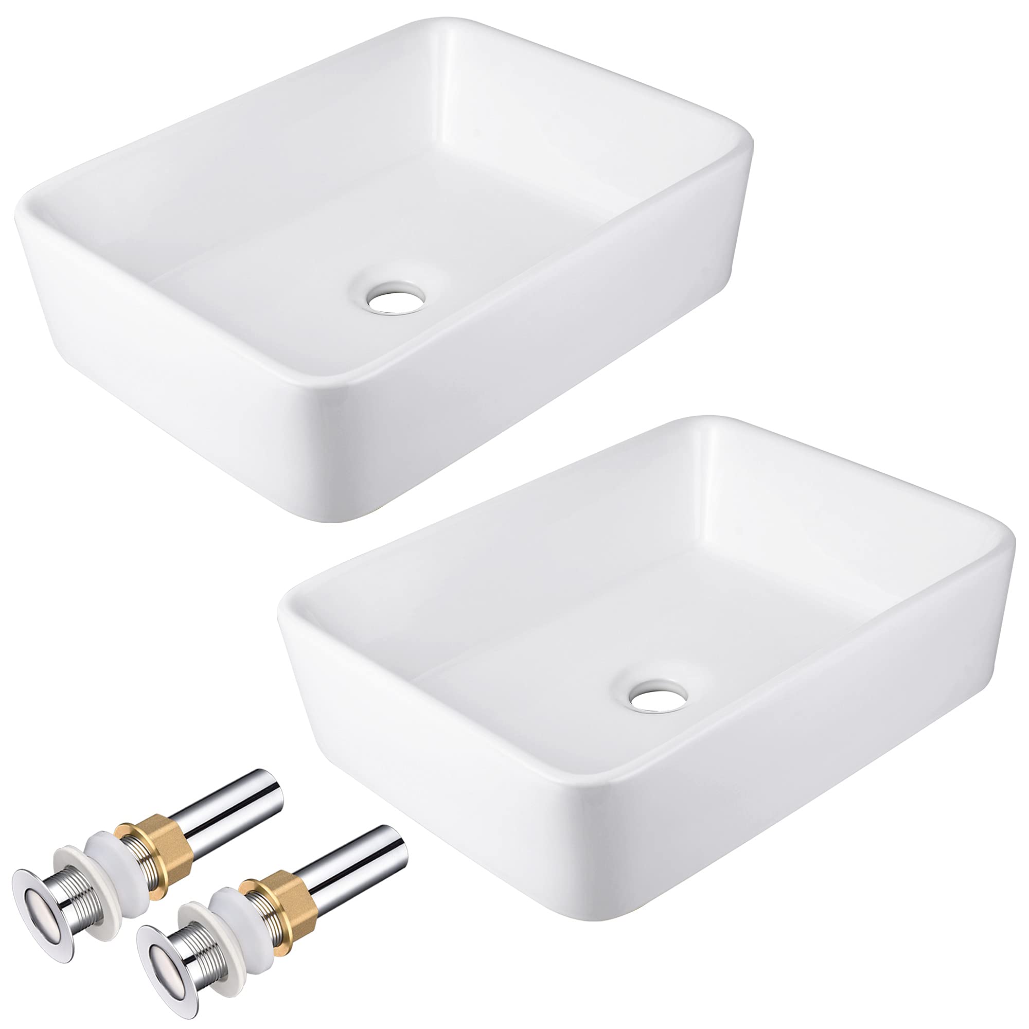 Aquaterior 2 Pack White Rectangle Porcelain Vessel Sink - Modern Above Counter Bathroom Sink with Pop-Up Drain - Ceramic Wash Basin for Vanity, Powder Room & Guest Bathroom