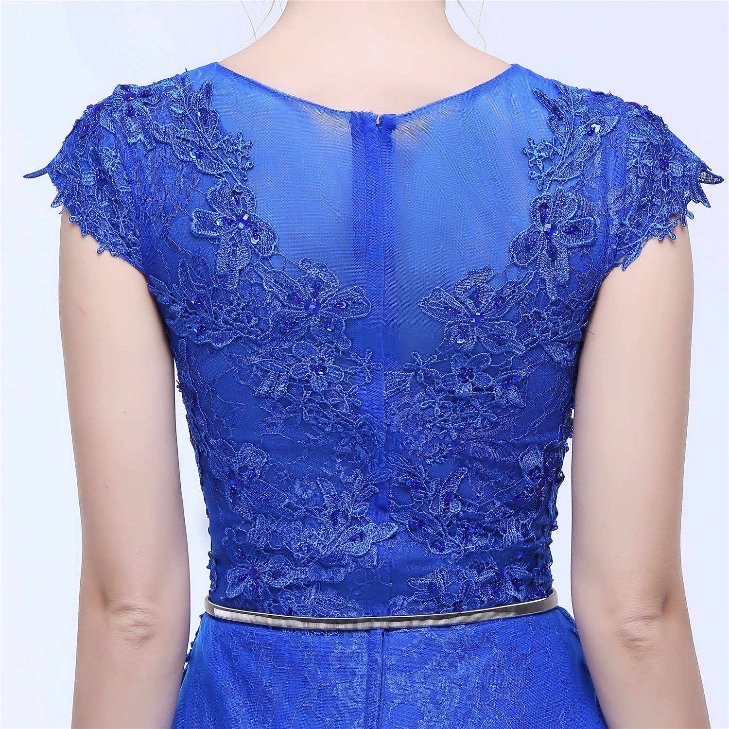 Elegant Blue Homecoming Dress with Lace Applique, Short Sleeve A-Line Long Dress for Prom, Formal Events & Special Occasions