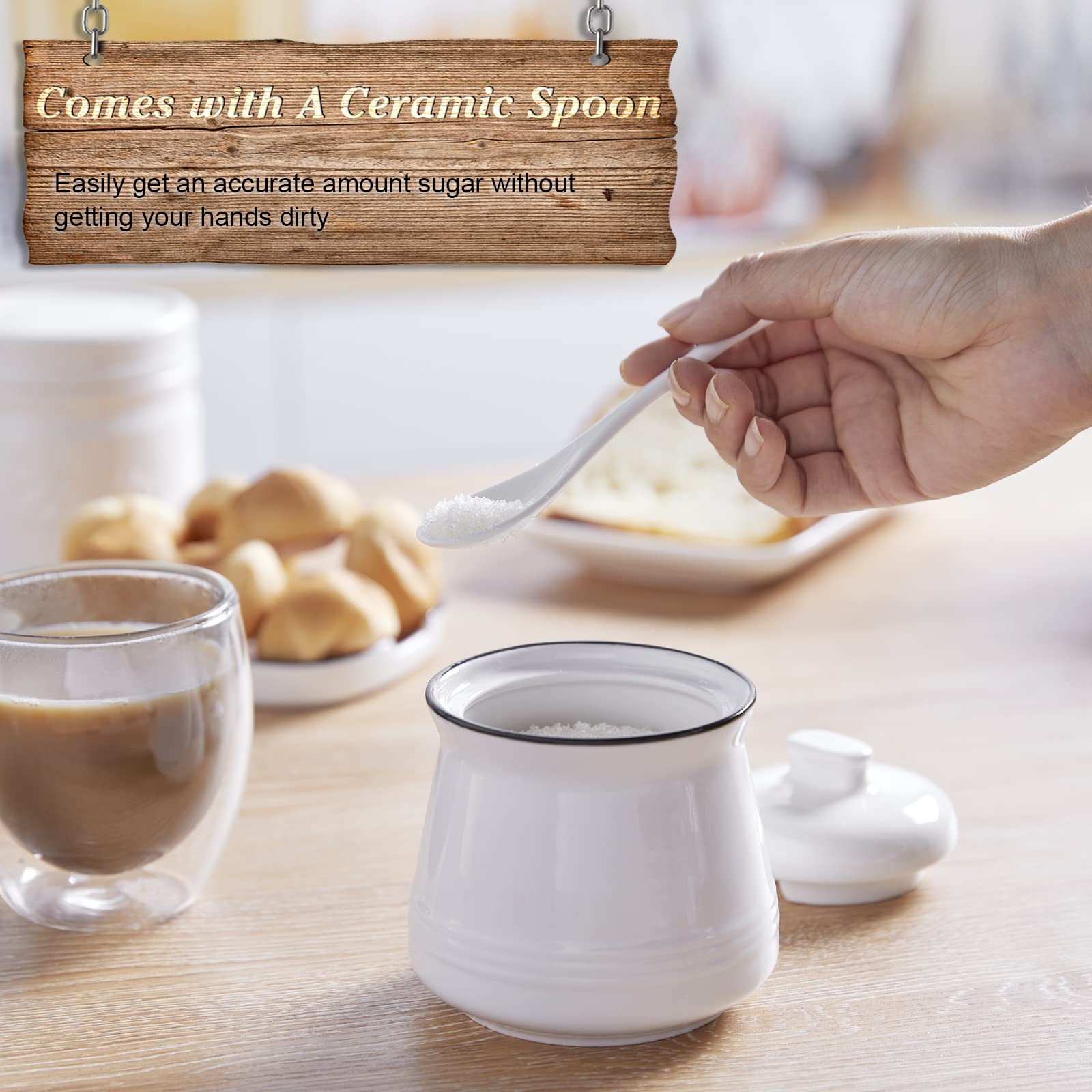 12 oz Ceramic Sugar Bowl with Lid and Spoon - White Modern Sugar Container for Coffee, Tea & Baking - Perfect for Coffee Bars, Kitchen Countertops & Dining Table Decor