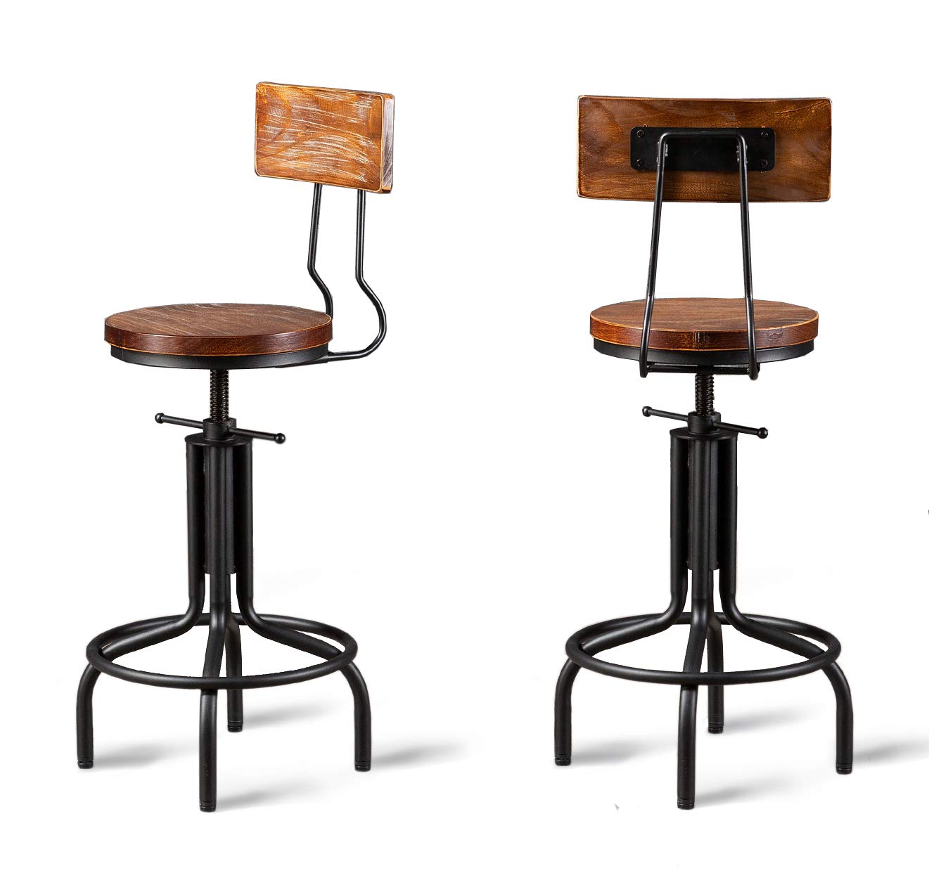 Set of 2 Adjustable Height Industrial Bar Stools - Swivel Farmhouse Kitchen Dining Chairs with Backrest - 19.7 to 25.5 Inch Counter Height - Perfect for Breakfast Bars, Home Kitchens, and Restaurant Seating