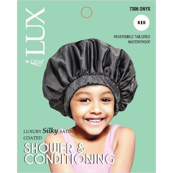 LUX BY QFITT Kids Silky Satin Bonnet for Hair Protection - Black | Soft & Comfortable Sleep Cap for Toddlers & Children (Bedtime, Travel, Hair Care)