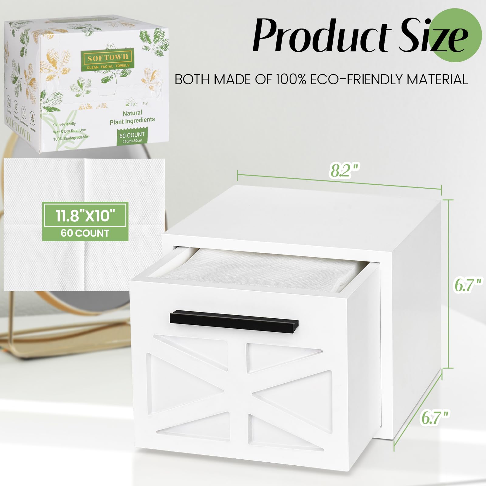 Premium Disposable Face Towels with Luxury Wooden Box Drawer - XL Cotton Makeup Remover Wipes & Washcloths Storage Organizer for Spa, Travel, and Daily Skincare Routine