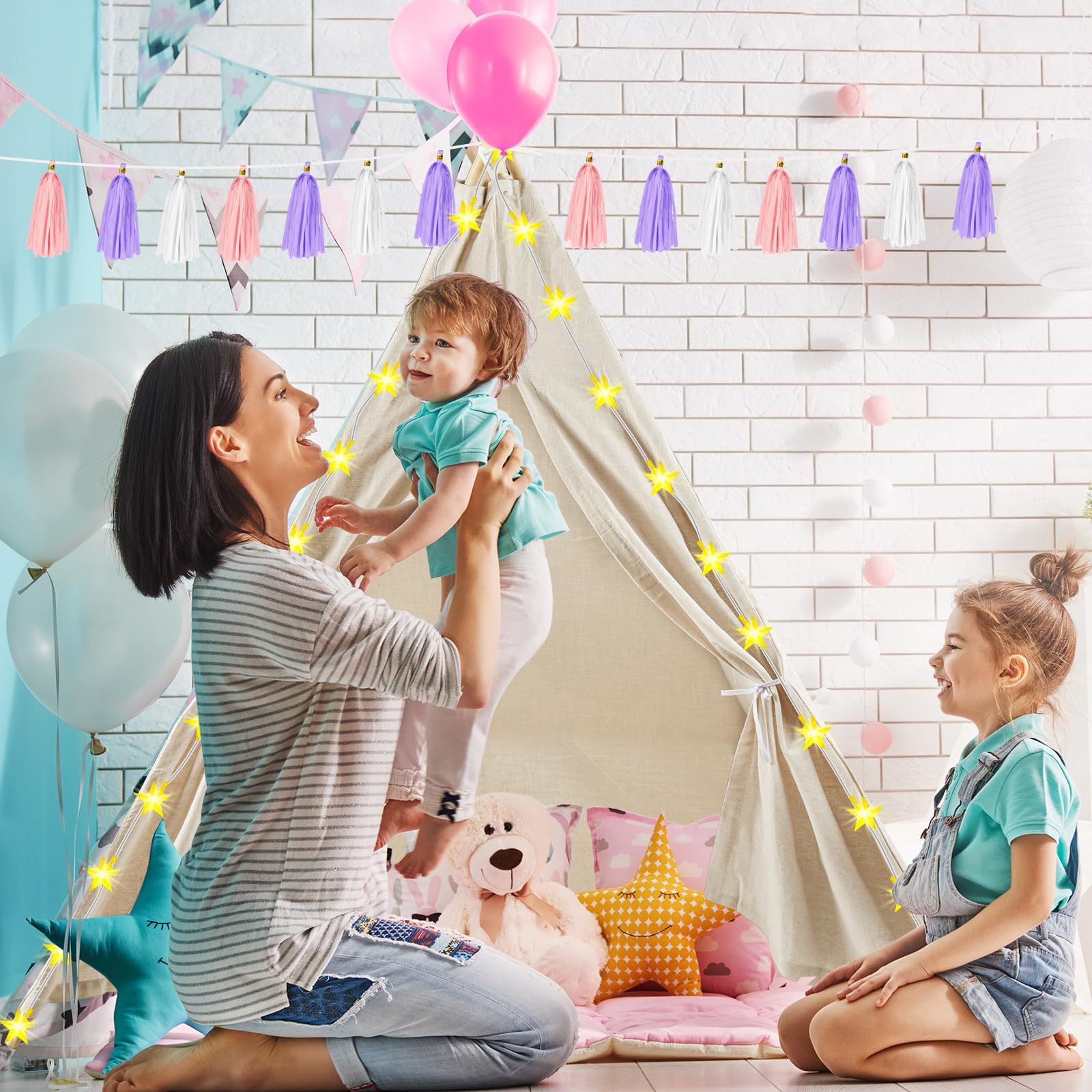 4 Pack Kids Teepee Tent Playhouse for Girls - White Play Tent with Inflatable Airbed & Decorations - Indoor Outdoor Slumber Party, Camping & Sleepover Fun - Perfect for Birthday Parties, Backyard Adventures & Cozy Reading Nook