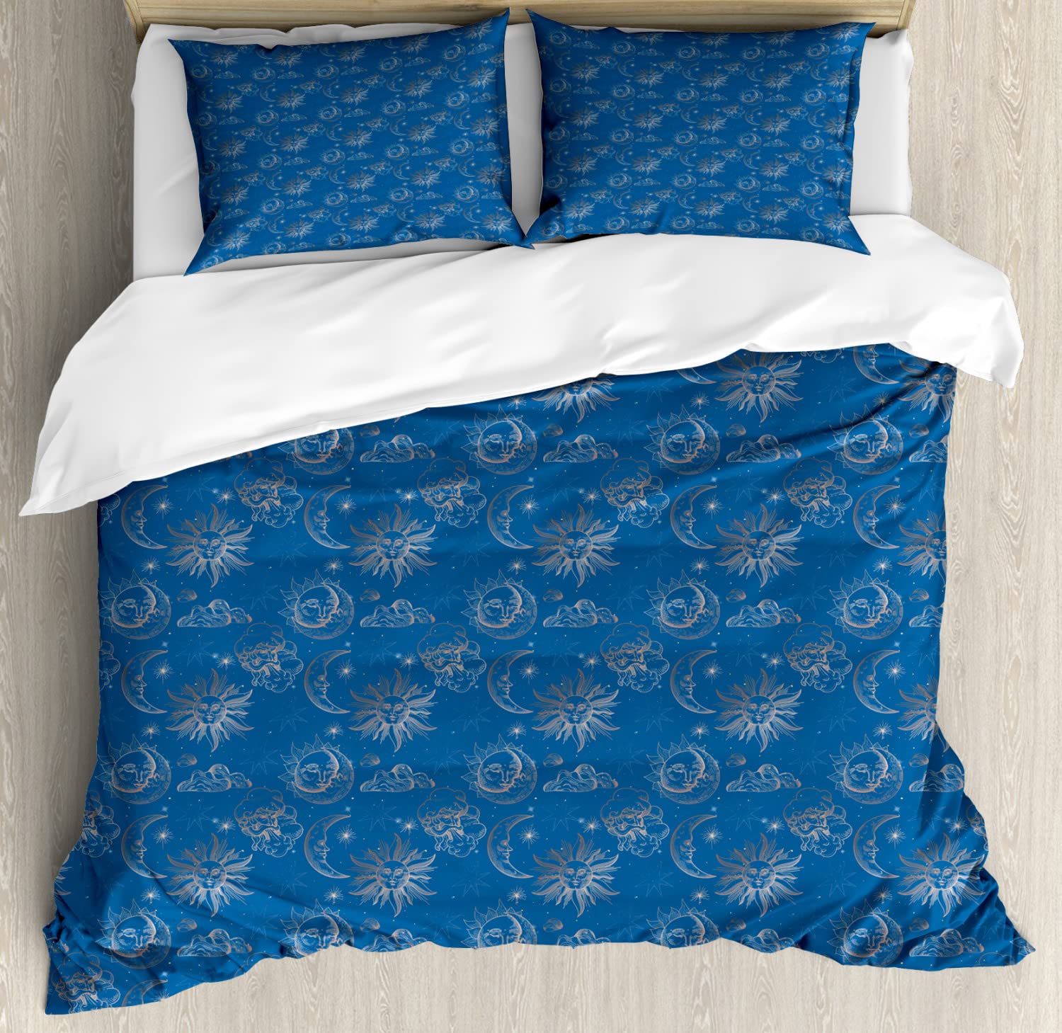 Ambesonne Magic Moon Duvet Cover Set - Celestial Sun & Moon Night Sky Bohemian Style Bedding | 2 Duvet Covers & 2 Pillowcases, Twin Size (Sea Blue & Warm Taupe) | Perfect for Bohemian Bedroom Decor & Celestial Theme Rooms