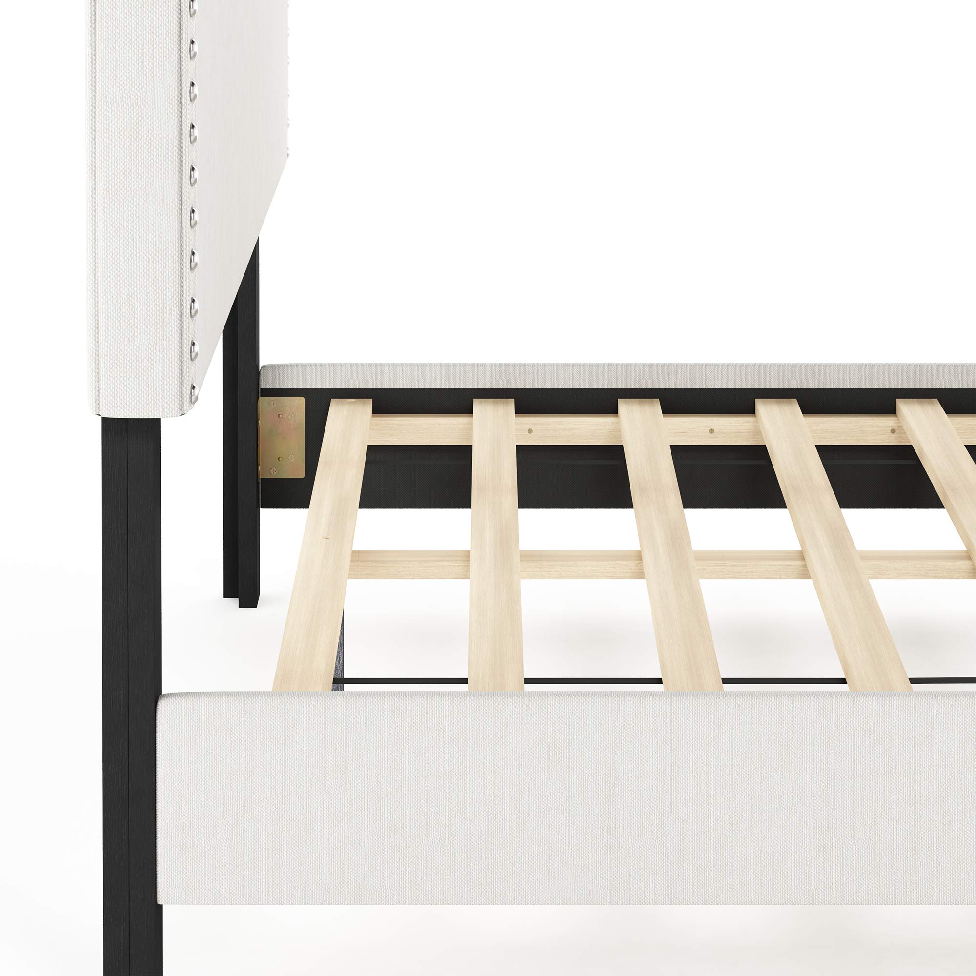 Furinno Nadia Nailhead Trim Full Size Bed Frame in Gray - Modern Upholstered Platform Bed with Wooden Slats Support - Perfect for Guest Rooms, Dormitories & Small Bedrooms