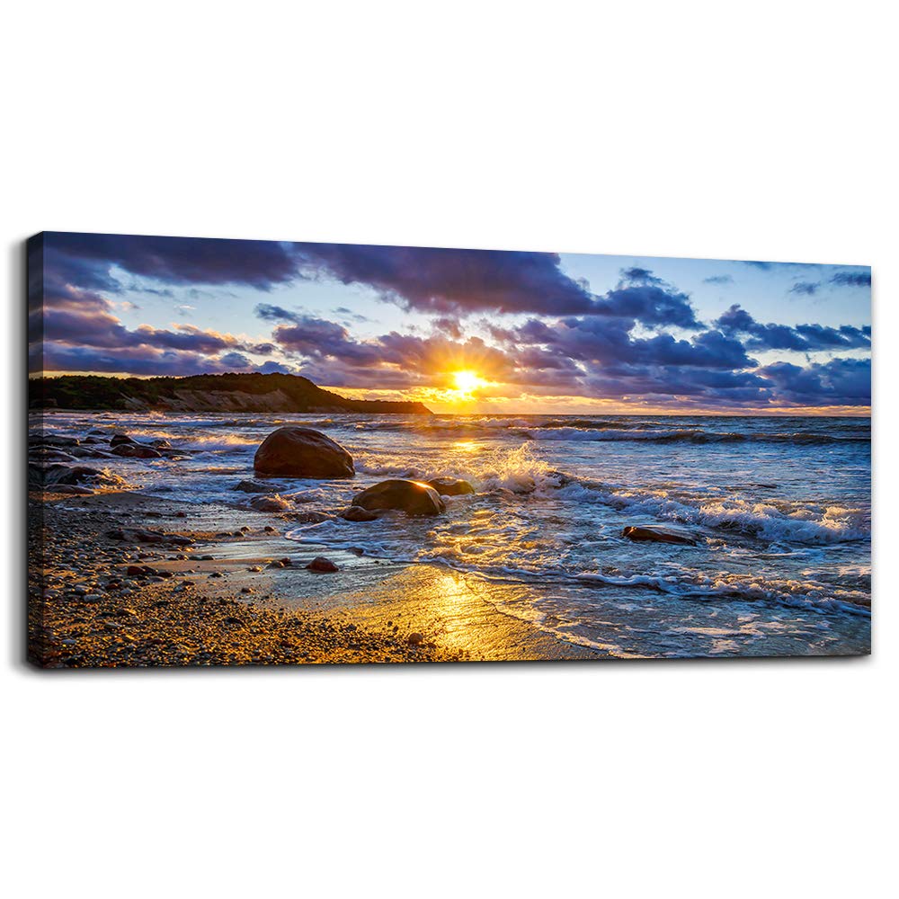 Blue Ocean Landscape Canvas Wall Art - Handmade Painting for Living Room, Bedroom, Office Decor - Golden Waves Beach Scene Print - Perfect for Home, Bathroom & Kitchen Decoration | Coastal Theme Interior Design & Gift Idea