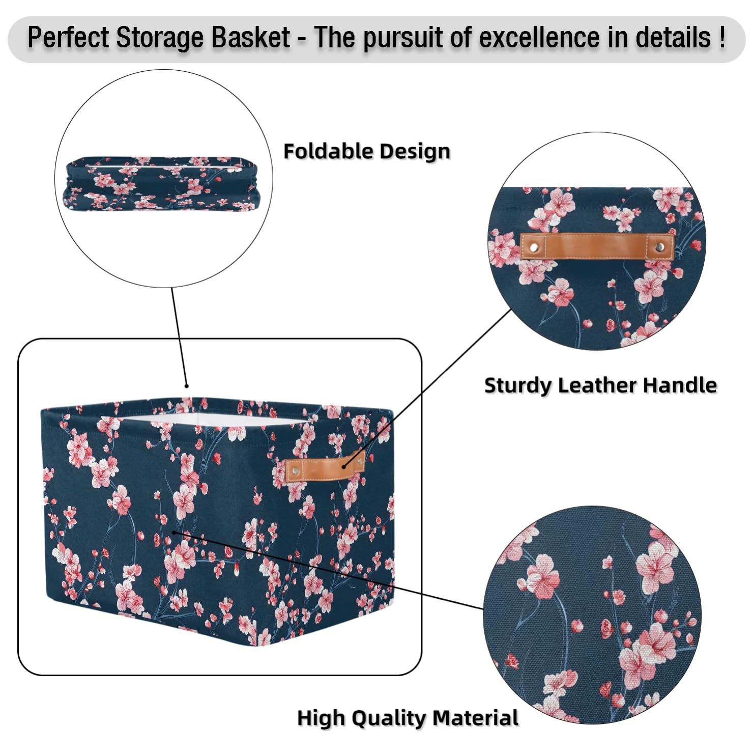 Large Fabric Storage Baskets with Handles - 2 Pack Cherry Blossom Decorative Collapsible Organizer Bins for Shelves, Closet & Home | Perfect for Clothes, Toys & Bedroom Organization