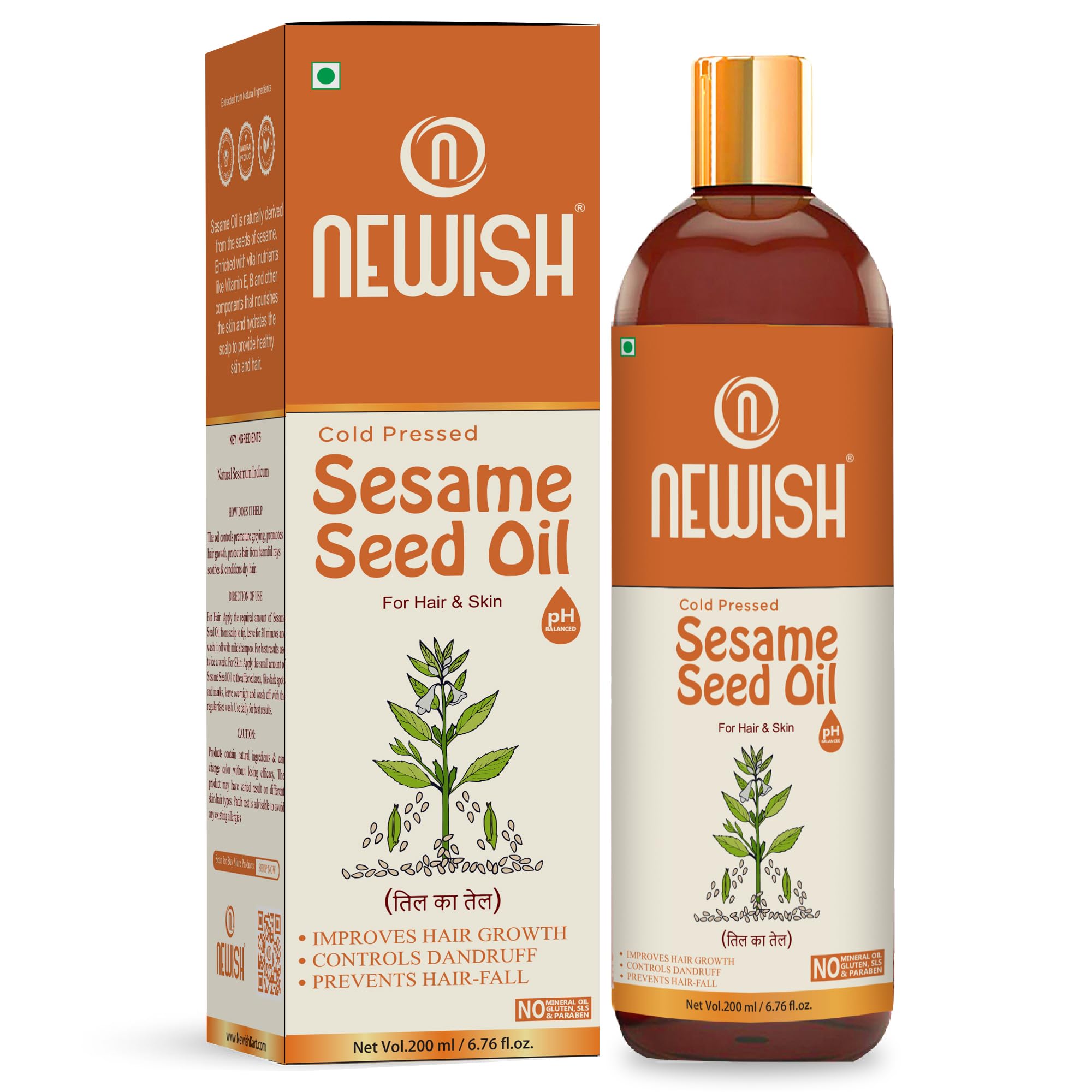 100% Pure & Natural Cold Pressed Sesame Oil for Hair, Skin & Massage (Til Ka Tel/Til Oil, Gingelly Oil) - 200ml - Promotes Hair Growth, Skin Hydration & Relaxing Massage Therapy