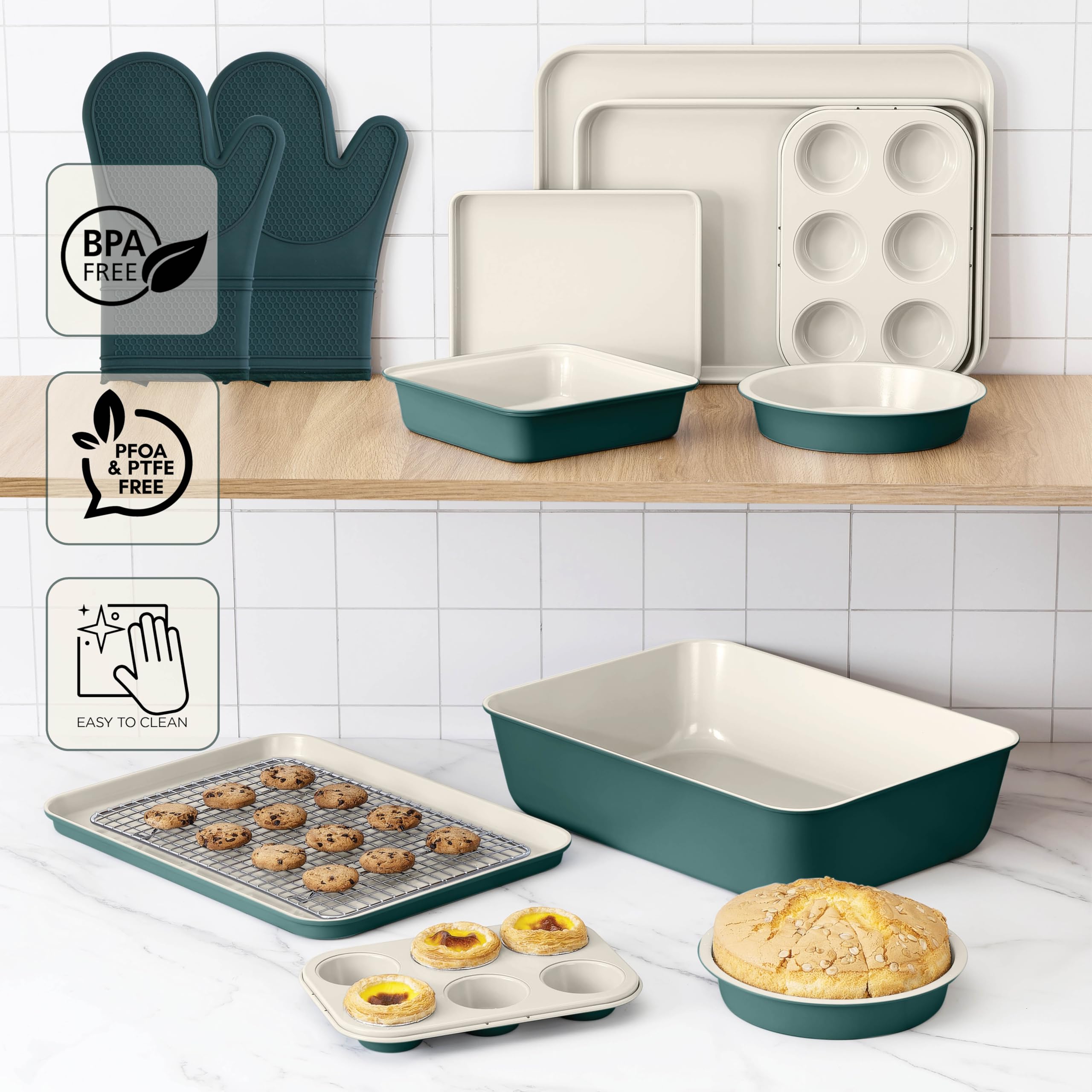 Nonstick Stackable Bakeware Set - 13-Piece Durable & Easy Release Country Kitchen Baking Set in Sage Green | Perfect for Cakes, Cookies, Bread & Holiday Baking