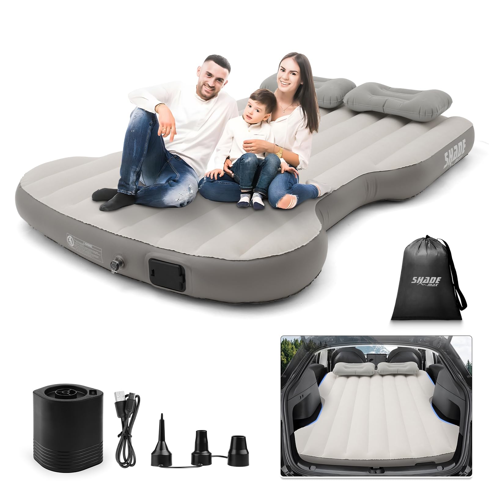 Tesla Model Y Air Mattress 2020-2025 - Self-Inflating Camping Bed with Built-in Pump, Portable Flocking Surface Air Couch for Model Y Accessories (Beige & Gray) | Perfect for Road Trips, Camping & Outdoor Adventures