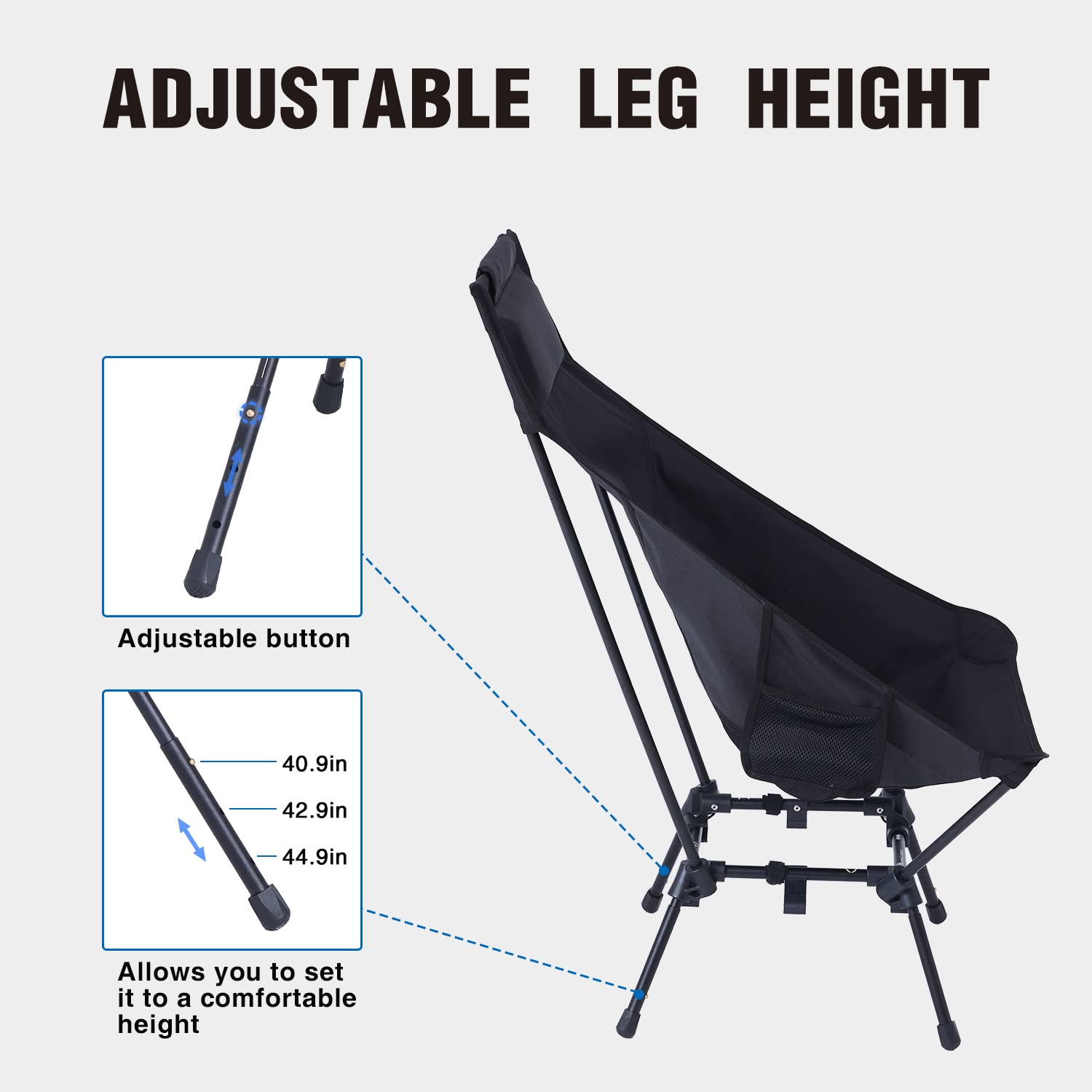 MOON LENCE Oversized Portable Folding Camping Chair for Adults - Adjustable High Back Beach Chair with Headrest, Heavy Duty Lawn Chair for Backpacking, Hiking, Fishing - Large Capacity & Durable - Perfect for Outdoor Adventures, Beach Trips, Picnics & Backyard Relaxation - Black