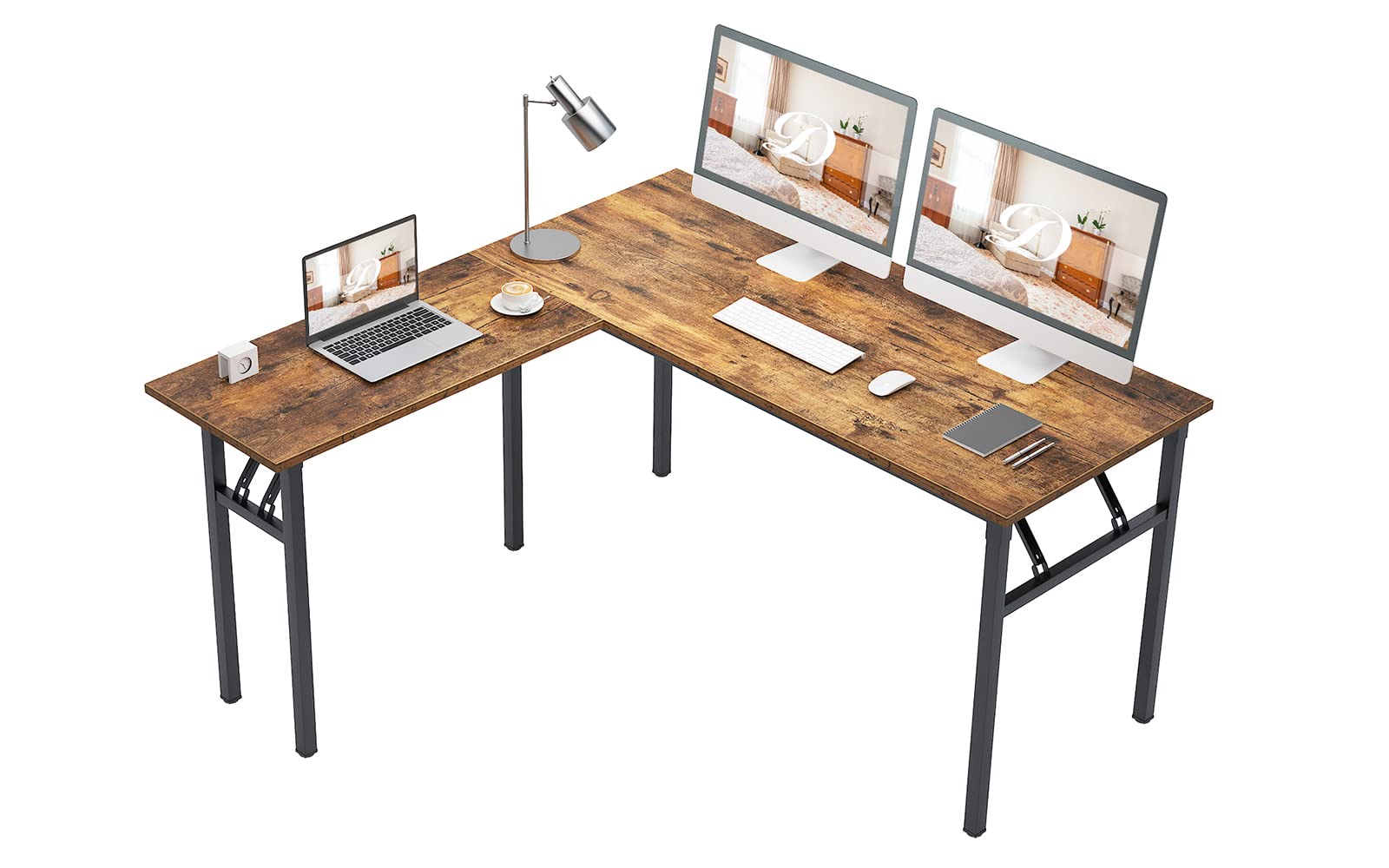 DlandHome L-Shaped Desk - Large Corner Computer Desk with Folding Table, Rustic Brown Home Office Workstation for Gaming & Remote Work | Space-Saving Design for Small Rooms & Apartments