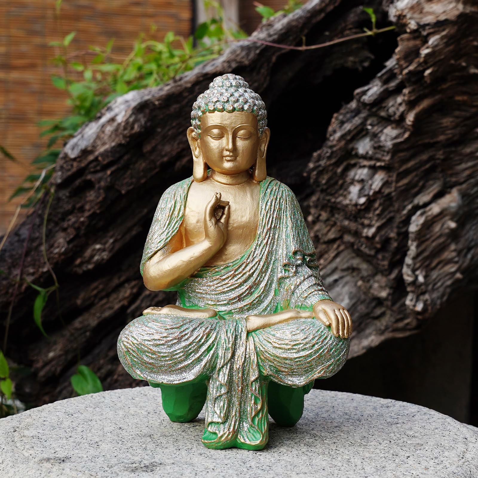 Green Outdoor Buddha Statue - Meditating Mudra Buddha Figurine for Zen Garden Decor, Patio, Balcony & Yard | Spiritual Home & Office Ornament | Perfect Gift for Meditation & Mindfulness Practice