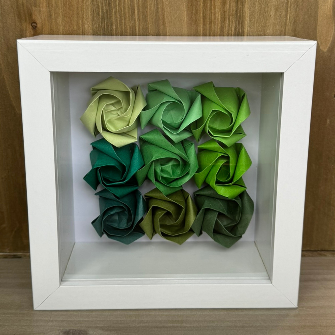 Shadowbox Frame with Assorted Green Roses - White Display Case for Home Decor, Wall Art, and Gift Giving