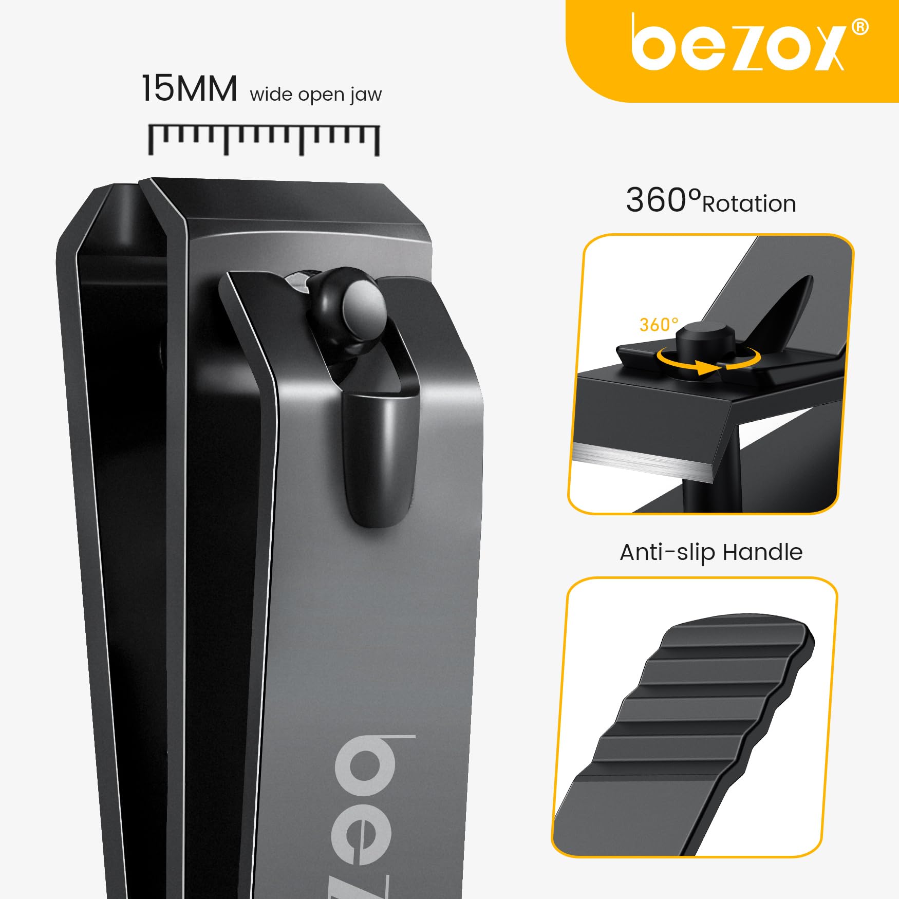 BEZOX Heavy Duty Stainless Steel Toe Nail Clippers for Thick Nails - Straight Edge Nail Clipper for Men & Women, Seniors Toenail Trimmer - Durable Black Fingernail Clippers for Hard & Ingrown Nails - Perfect for Home, Travel & Pedicure Care