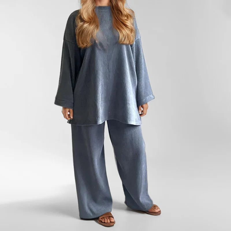 Women's Autumn Winter Corduroy Pants Set - Loose Fit Long Sleeve Wide Leg Two Piece Outfit for Casual Wear & Office Commuting