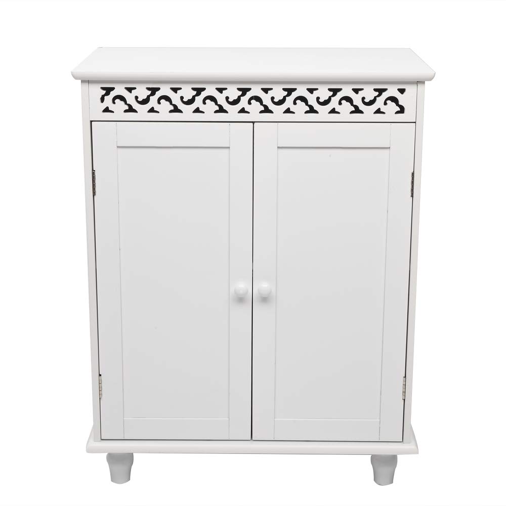 White Carved Double Door Bathroom Floor Cabinet with Adjustable Shelves - Bathroom Storage Organizer for Towels, Toiletries & Cleaning Supplies