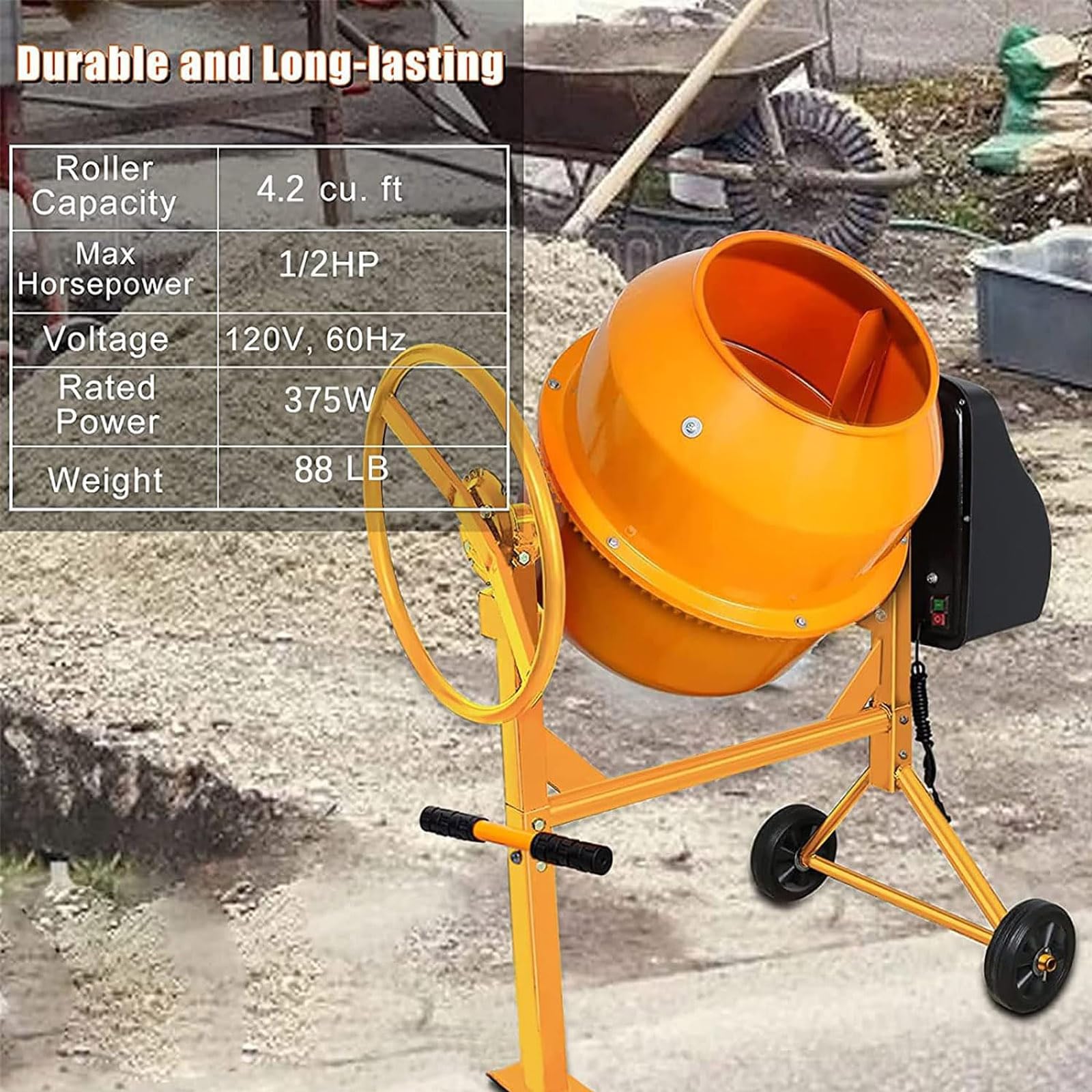 4.2 Cu Ft Electric Cement Mixer - 1/2 HP Heavy Duty Portable Concrete Mixer with 550W Motor & 7-Inch Wheels - Power Mixing Tool for Mortar, Stucco, Seeds, Feed - Ideal for Construction, DIY Projects, Farm & Garden Work (Yellow, 120L)