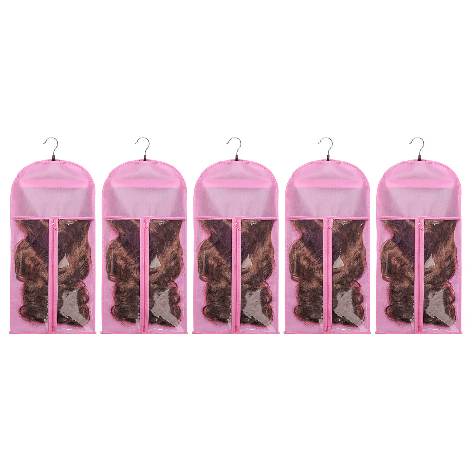 5-Piece Pink Wig Storage Bags with Wooden Hangers - Dust-Proof Organizer for Hair Extensions & Wigs - Perfect for Salon, Cosplay & Travel Use