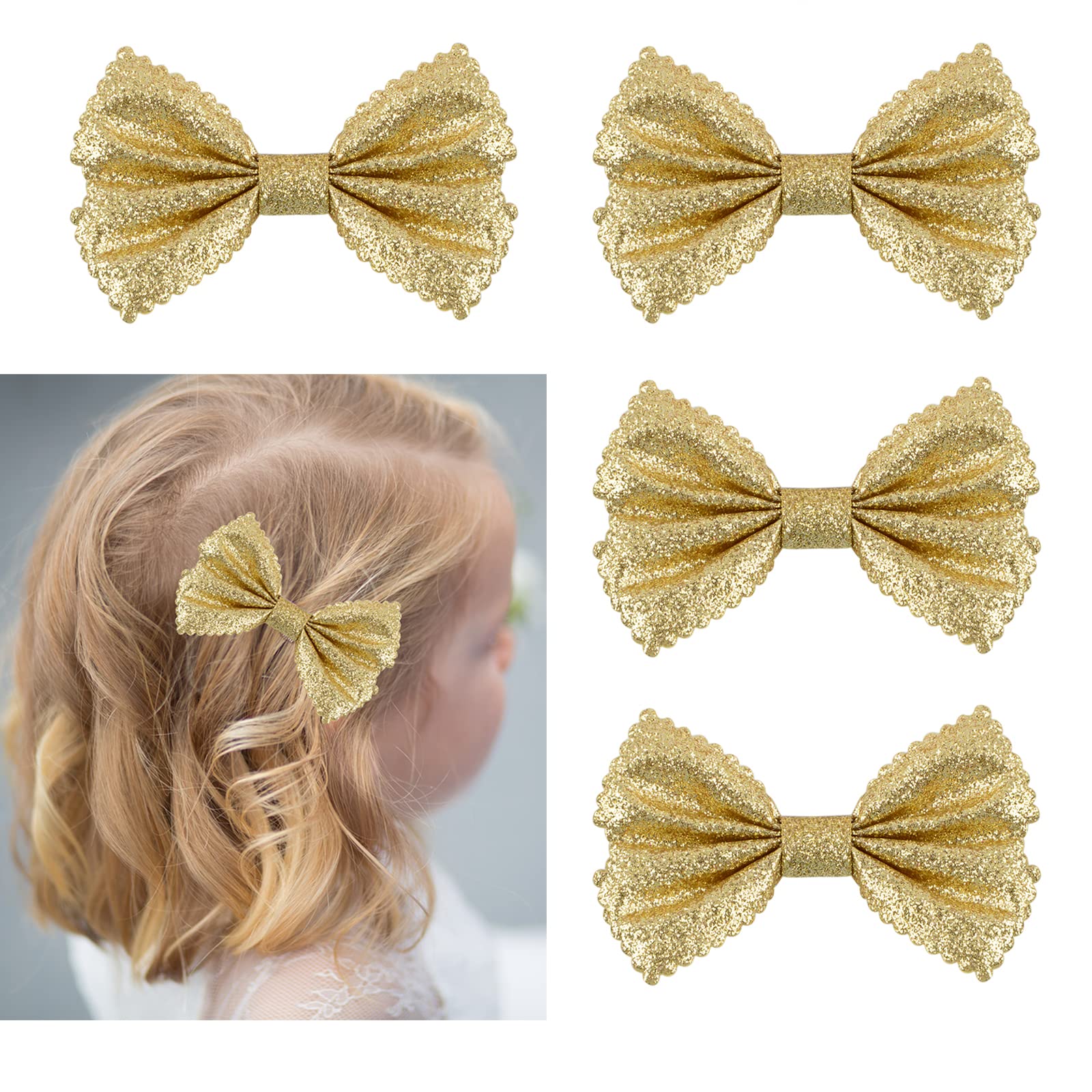 Sparkly Gold Bow Hair Clips - 4 Pack Glitter Hair Barrettes for Women & Girls - Perfect for Parties, Weddings, Prom & Everyday Accessories