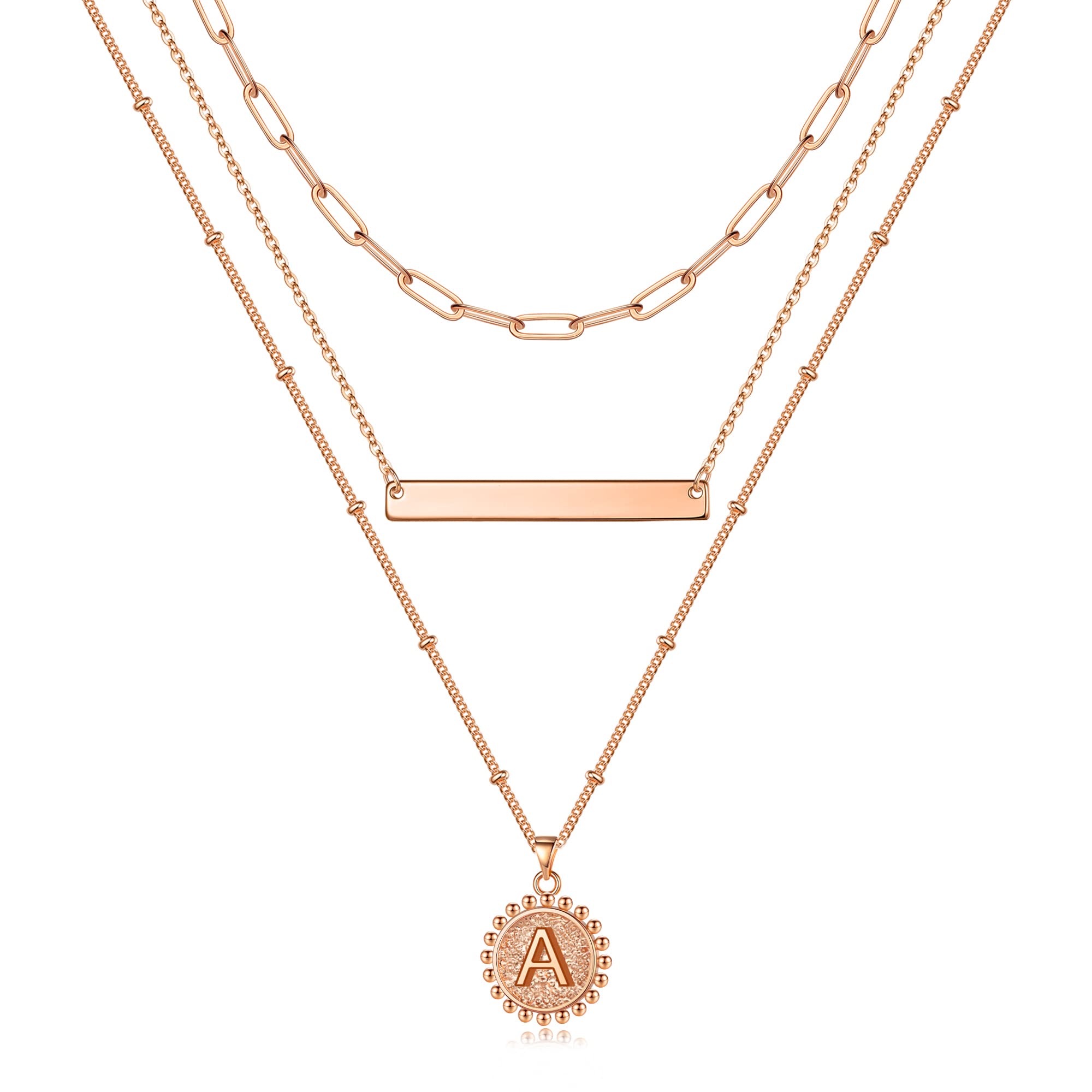 14K Gold Plated Initial Necklace for Women - Personalized Layered Coin Pendant with Paperclip Chain, Dainty Choker Jewelry Gift for Her | Birthday, Anniversary, Valentine's Day, Everyday Wear