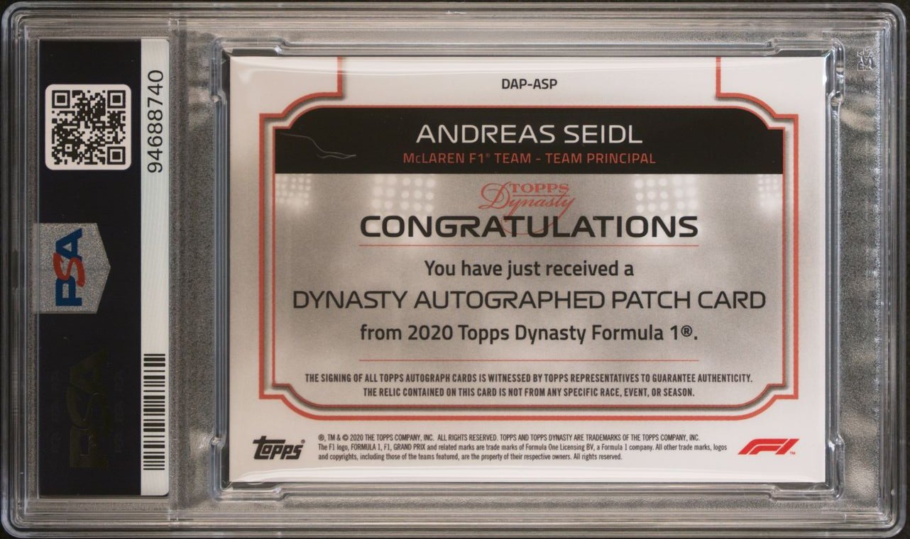 PSA 10 Andreas Seidl 1/5 DAP ASP 2020 Dynasty Autographed Patch - Rare Collectible for Sports Memorabilia Enthusiasts & Display in Fan Cave or Man Cave