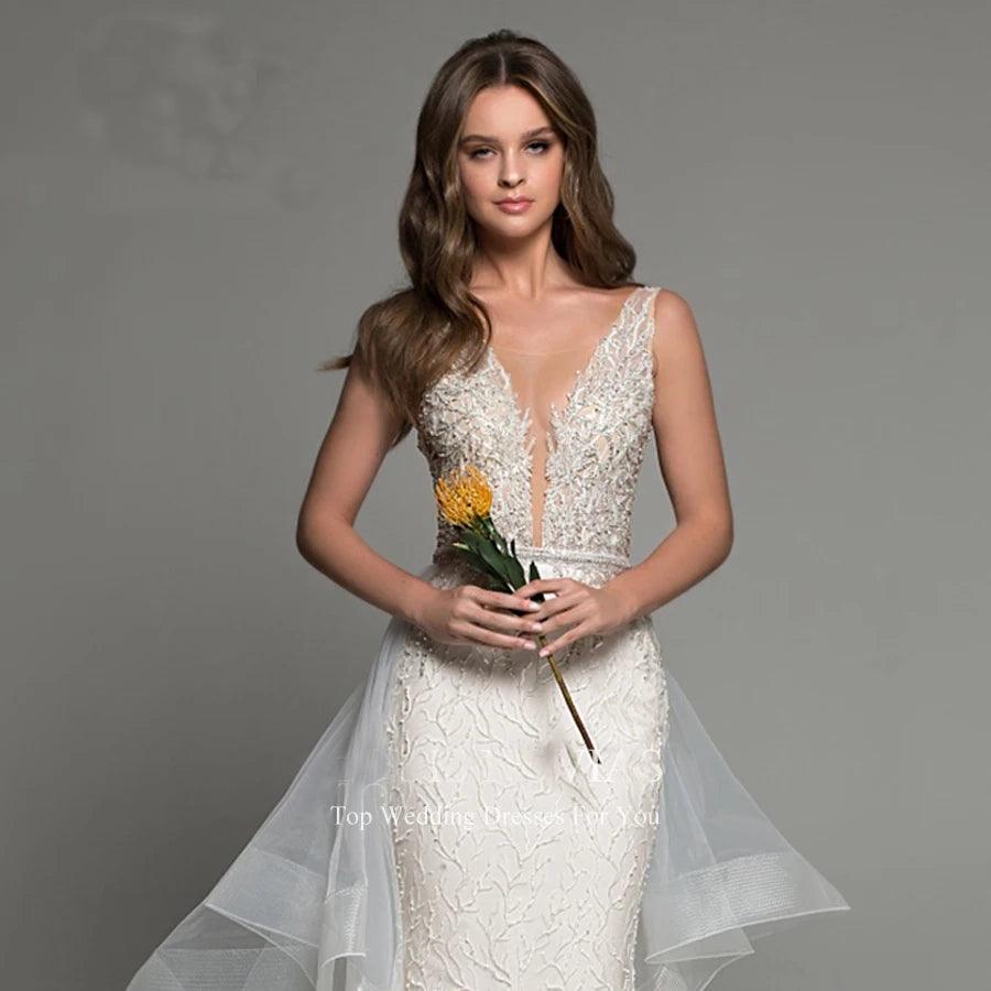 2024 Sexy Mermaid Wedding Dress with Detachable Train - Shimmering Beaded V-Neck Backless Sleeveless Bridal Gown for Beach, Church & Formal Weddings