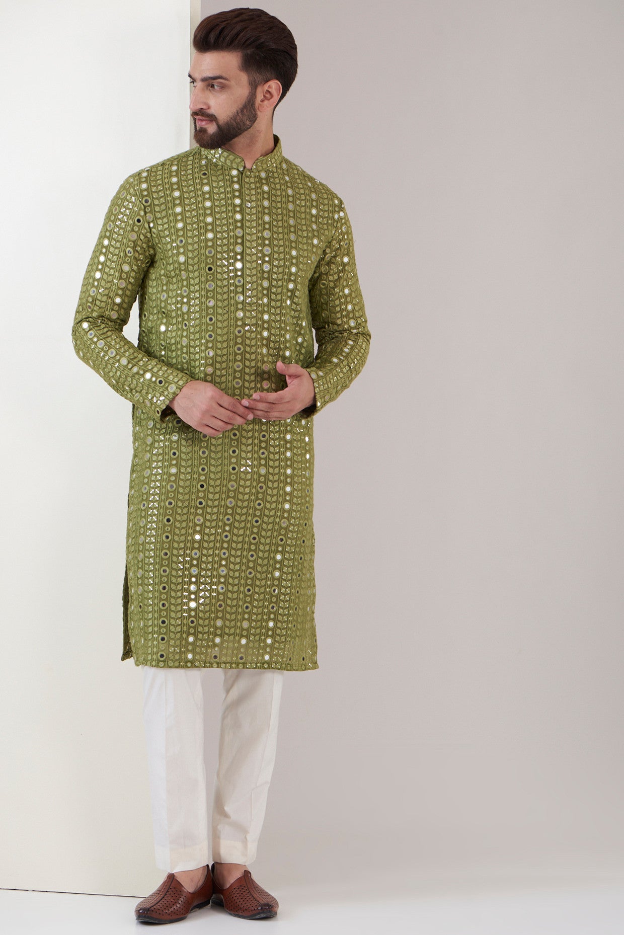 Stylish Mehandi Green Mirror Work Kurta for Women - Traditional Indian Embroidered Tunic Top for Festivals & Parties