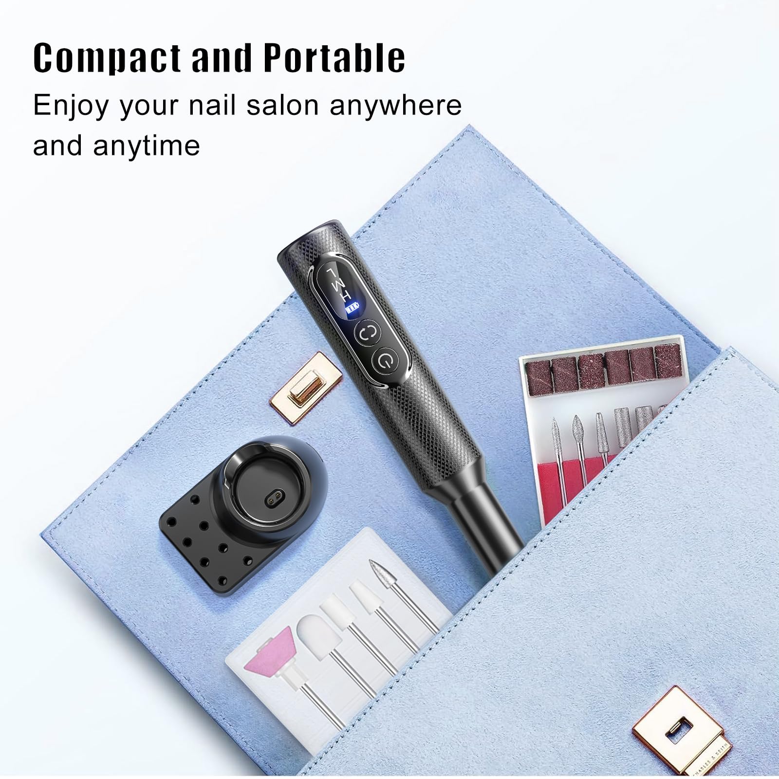 Professional Electric Nail Drill Kit - Portable Manicure & Pedicure Machine with 10 Attachments & 10 Sanding Bands for Acrylic, Gel Nails & Thick Toenails - Perfect for Home Salon & Nail Art Enthusiasts (Black)
