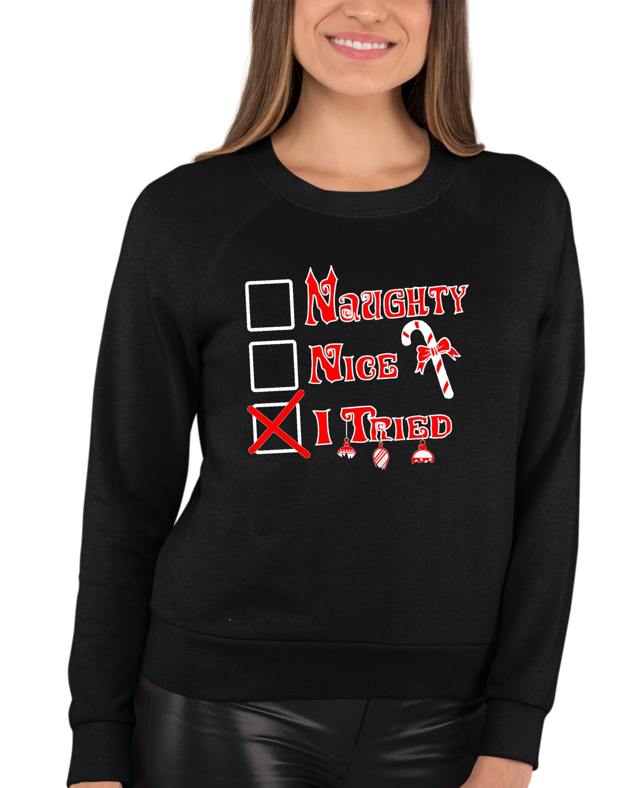 Funny Christmas Sweatshirt for Adults - Naughty & Nice Holiday Crewneck Pullover | Ugly Xmas Party Outfit, Office Gift Exchange, Festive Family Gathering
