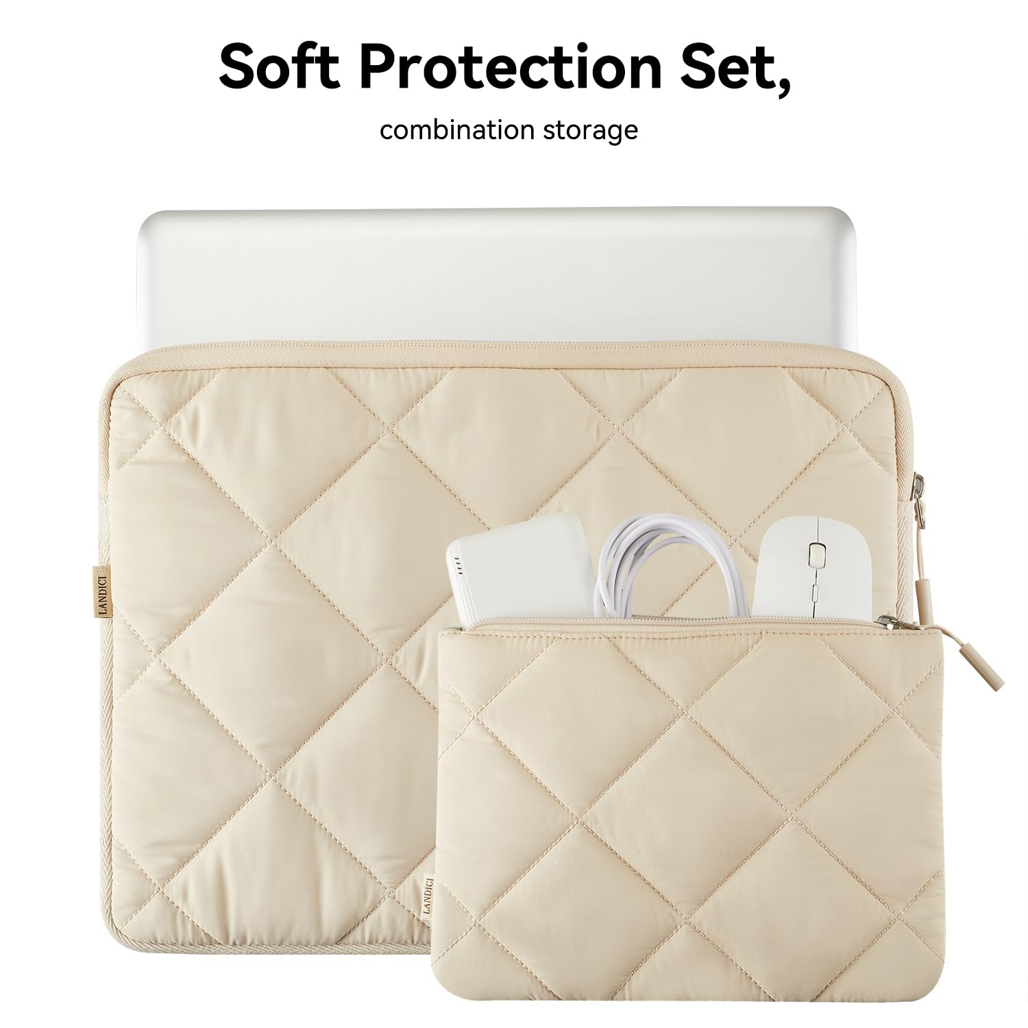 LANDICI Puffy Laptop Sleeve 14-15 Inch - Protective Case Compatible with MacBook Pro 14/15, MacBook Air M2 15, Surface Laptop 4/5, Chromebook 14 - Cute Computer Cover with Accessories Pouch (Apricot) - Perfect for Work, School & Travel