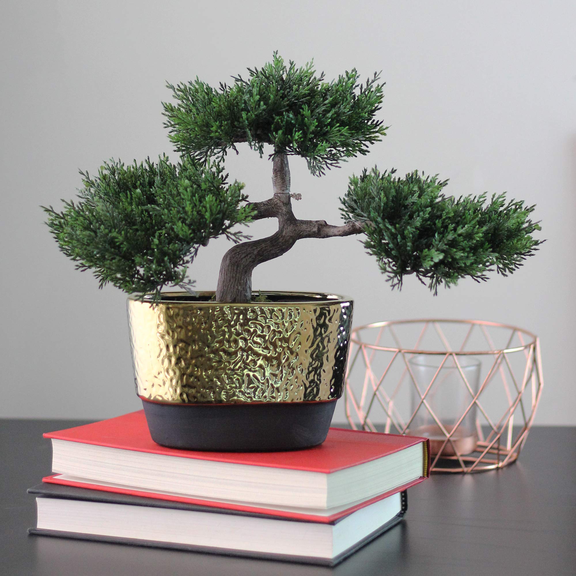 Northlight Decorative Artificial Japanese Bonsai Tree in Oval Gold Plated Ceramic Pot - 10 Inch Fake Mini Tree for Home Office Desk Decor, Zen Garden, Wedding Centerpiece, and Feng Shui Decorations
