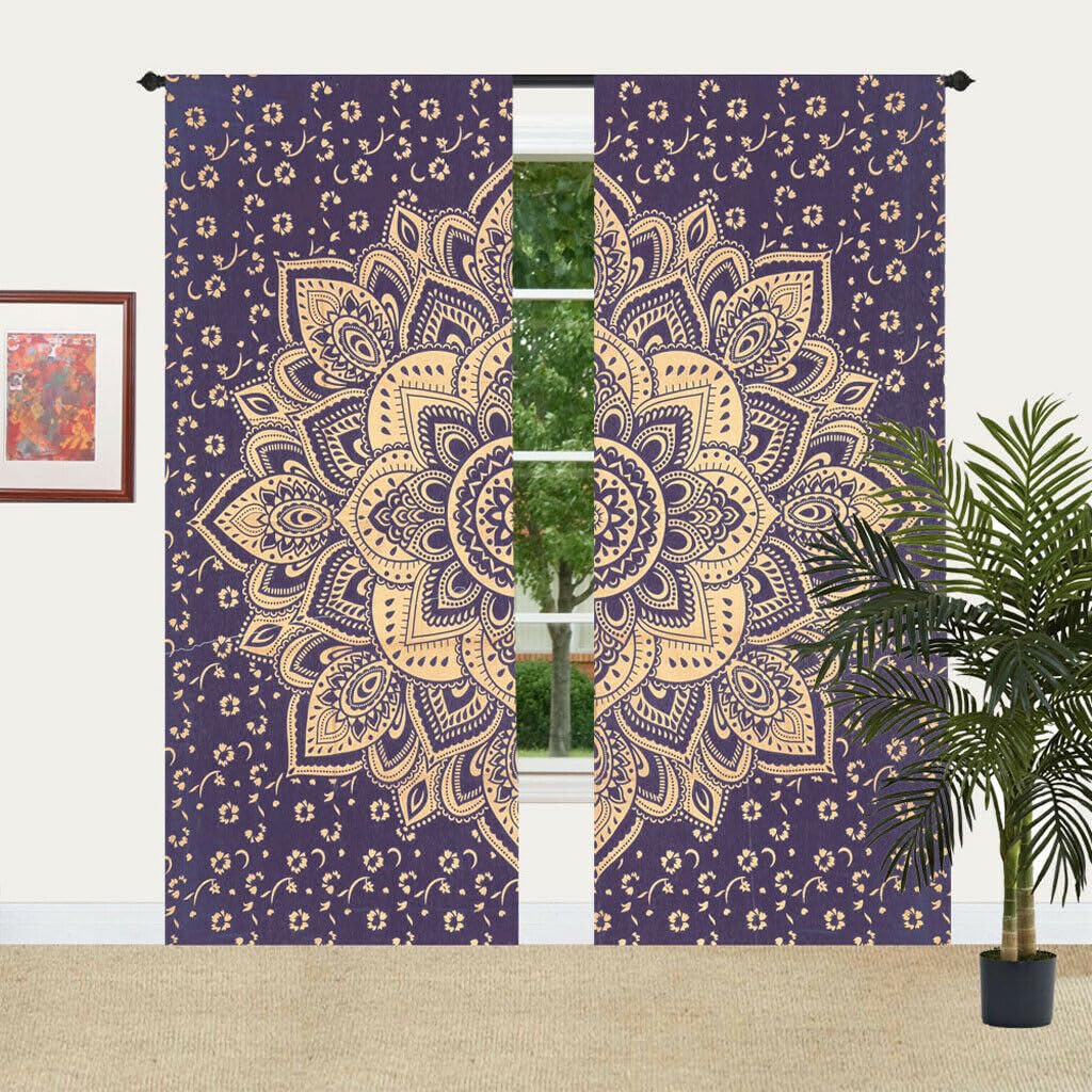 Indian Mandala Cotton Window Curtains - Boho Door Drapes, Meditation Room Tapestry & Wall Hanging Decor for Living Room, Bedroom, Kitchen - Psychedelic Window Treatments & Room Divider for Yoga Spaces & Bohemian Home Decor