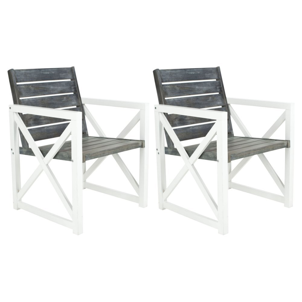 Safavieh Irina Outdoor Arm Chair Set of 2 - White & Grey Patio Furniture for Garden, Poolside & Backyard Relaxation