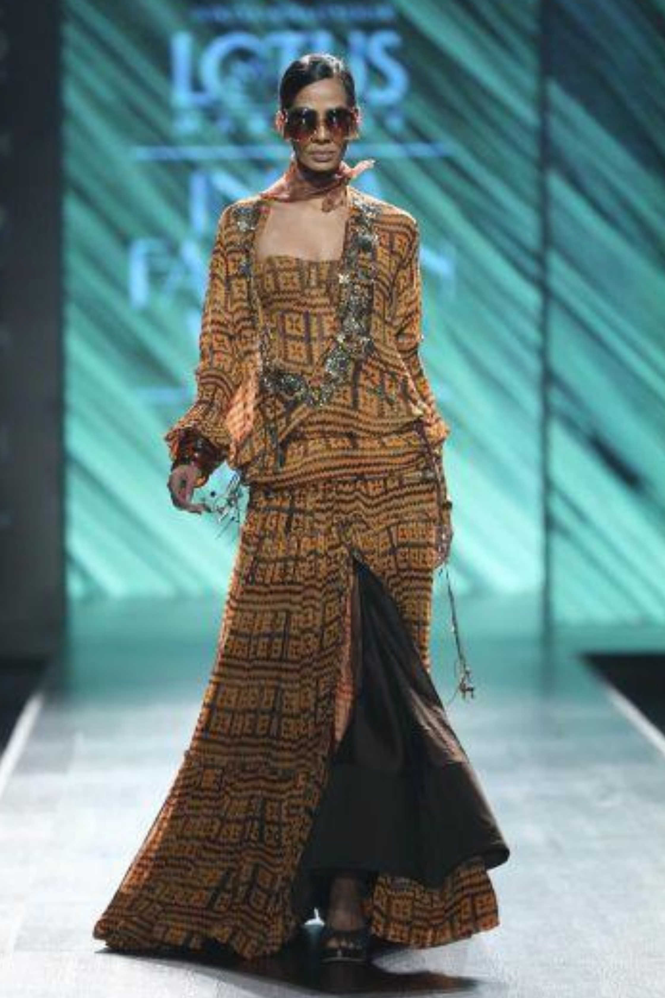 Orange Brown Basket Weave Print Short Tunic Dress With Gold Hand Embroidery - Bohemian Summer Dress for Beach, Vacation and Casual Outings