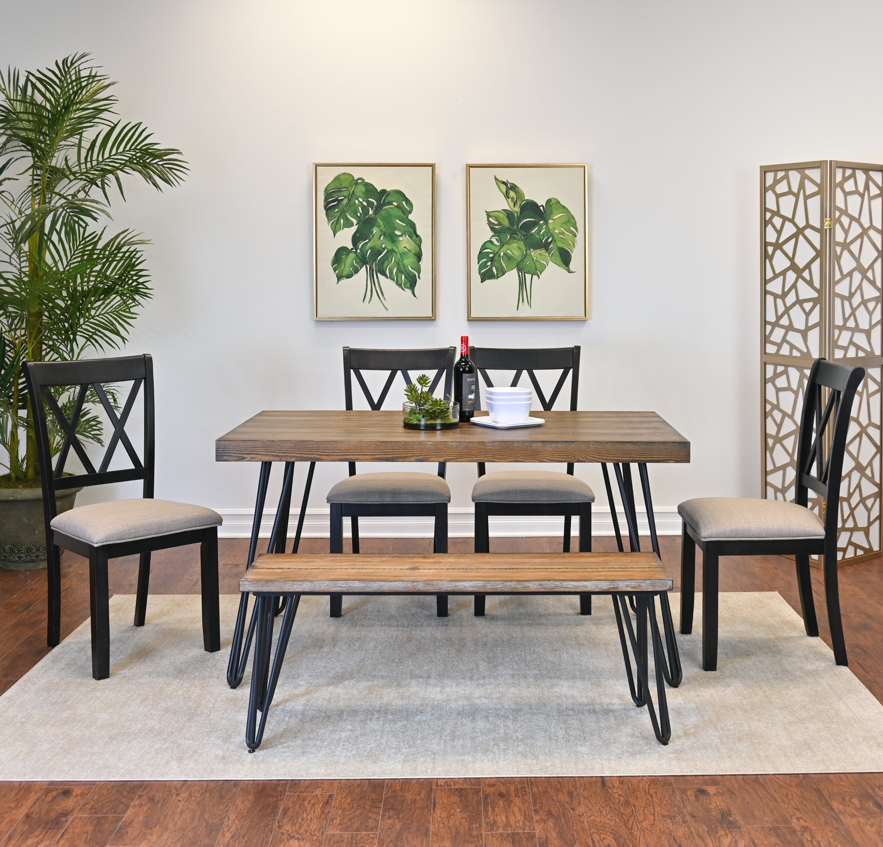 Roundhill Furniture Arroyo 6-Piece Dining Set - Hairpin Leg Dining Table with 4 Cross Back Chairs & Bench in Rich Black | Modern Kitchen & Dining Room Furniture for Small Spaces