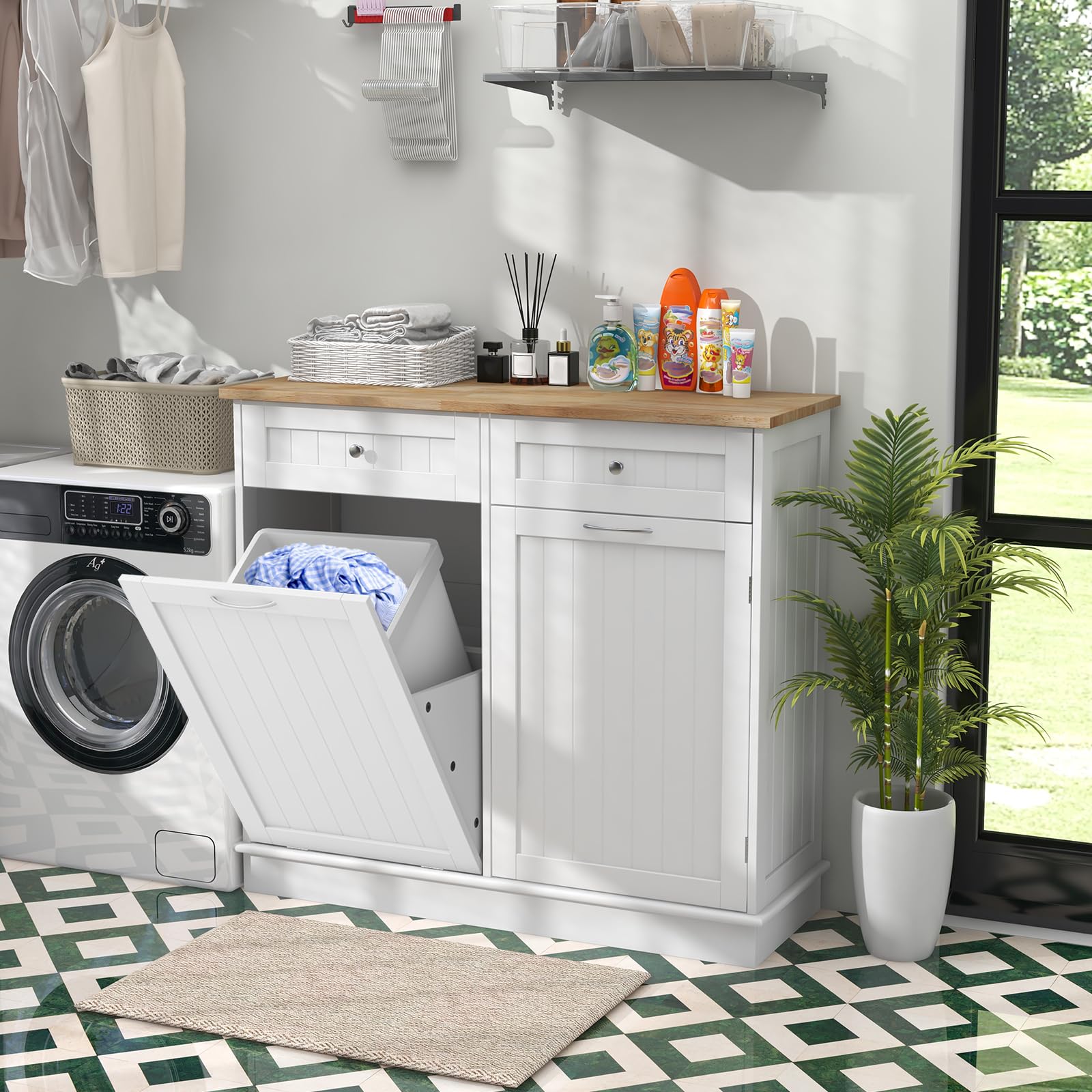 Giantex 15.5 Gallon Kitchen Trash Cabinet with Tilt-Out Bin - White Rubber Wood Countertop, 2 Large Drawers & Adjustable Shelf - Waste & Recycling Organizer for Kitchen Island, Pantry or Utility Room Storage