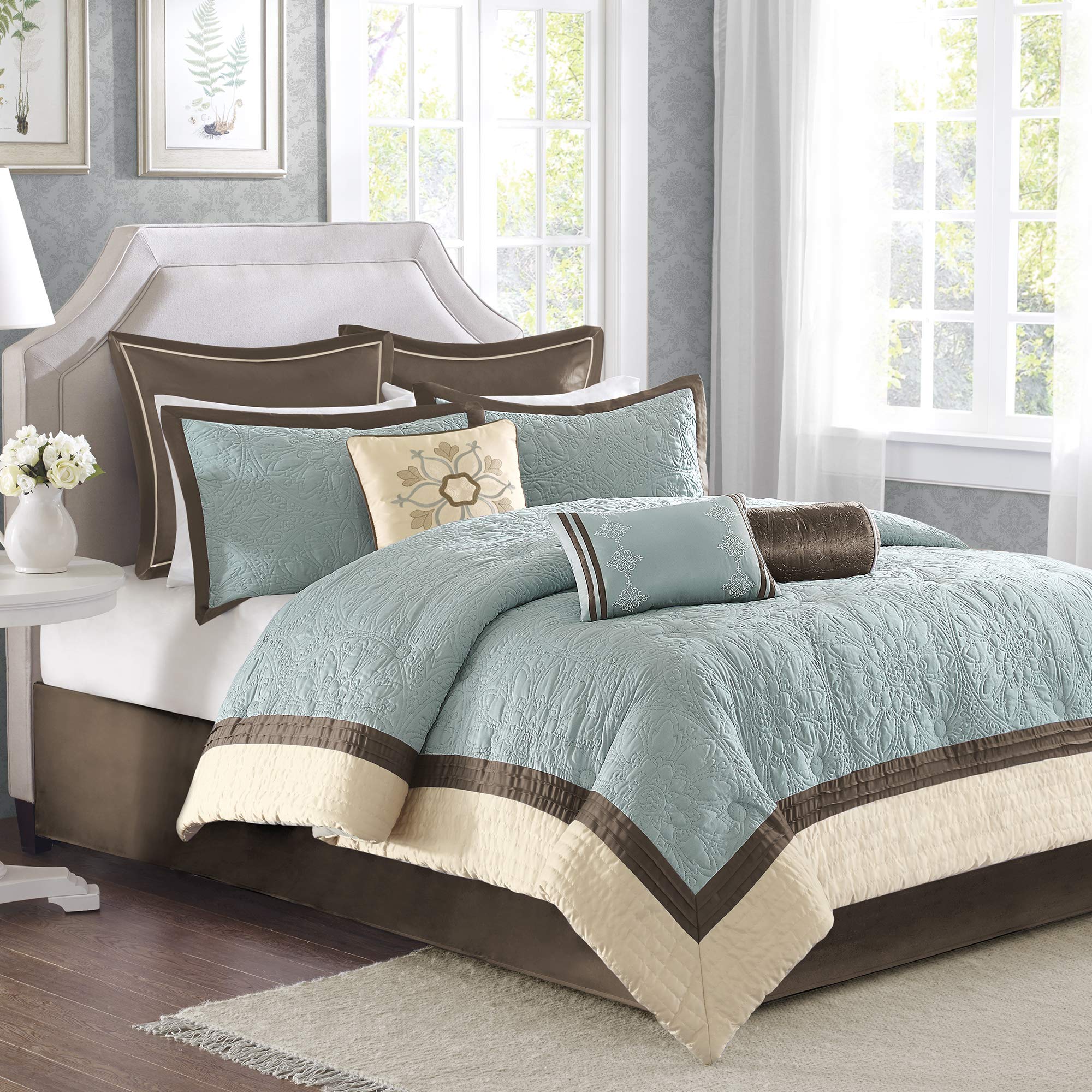 Madison Park Cozy Comforter Set - King Size 104x92 Inch - All Season Soft Bedding with Matching Bed Skirt & Decorative Pillows - Modern Blue 9-Piece Bedding Set for Master Bedroom, Guest Room & Cozy Home Decor