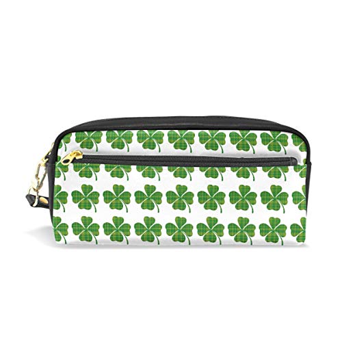 Vintage Green PU Leather Buffalo Plaid Cosmetic Bag with Shamrocks - Travel Makeup Clutch Pouch & Toiletry Organizer for Women | Perfect for Travel, Gym, and Daily Essentials Storage