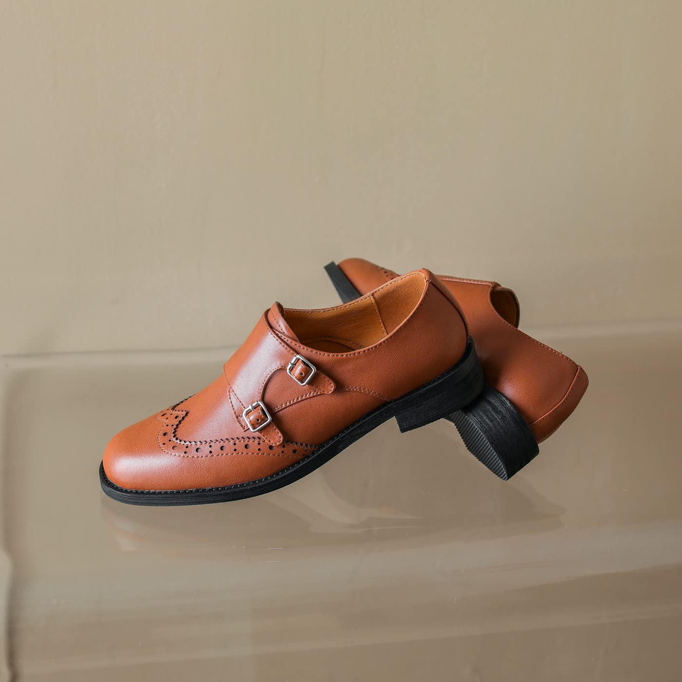 U-lite Women's Monk Strap Dress Shoes - Genuine Sheepskin Leather, Perforated Oxfords with Fashion Buckle for Business & Formal Occasions | Comfortable & Stylish Office & Wedding Shoes