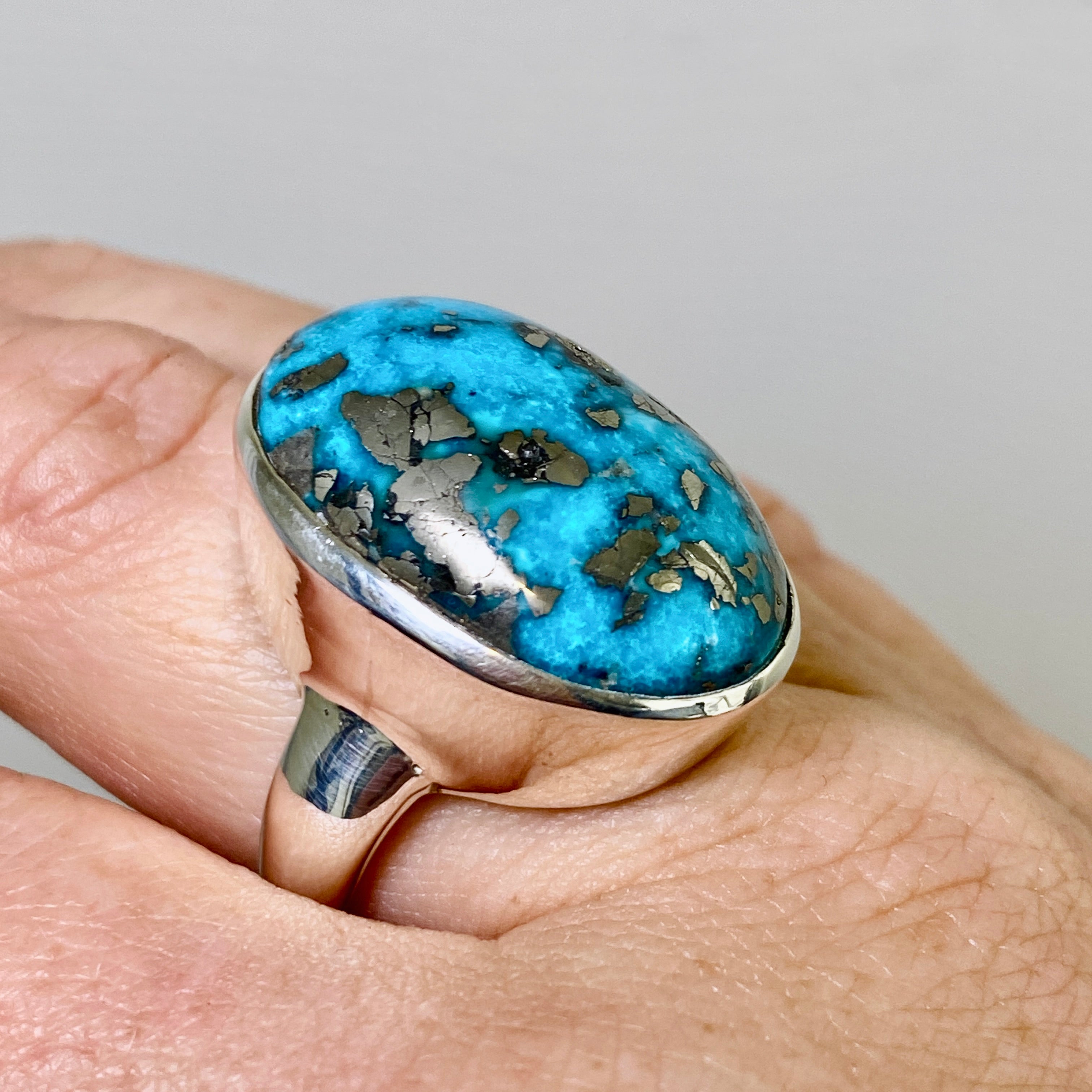 Natural Persian Turquoise with Pyrite Oval Cabochon Ring - Size 9 - Handmade Iranian Jewelry - Perfect for Boho Fashion & Gift Giving