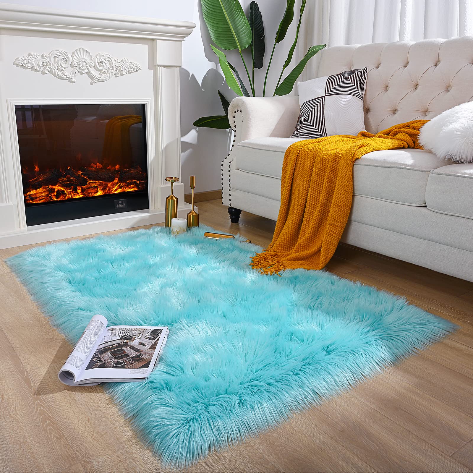 Ultra Soft Faux Sheepskin Fur Area Rug - Fluffy Shag Rug 3x5 Feet in Teal Blue | Cozy Living Room, Bedroom & Nursery Decor