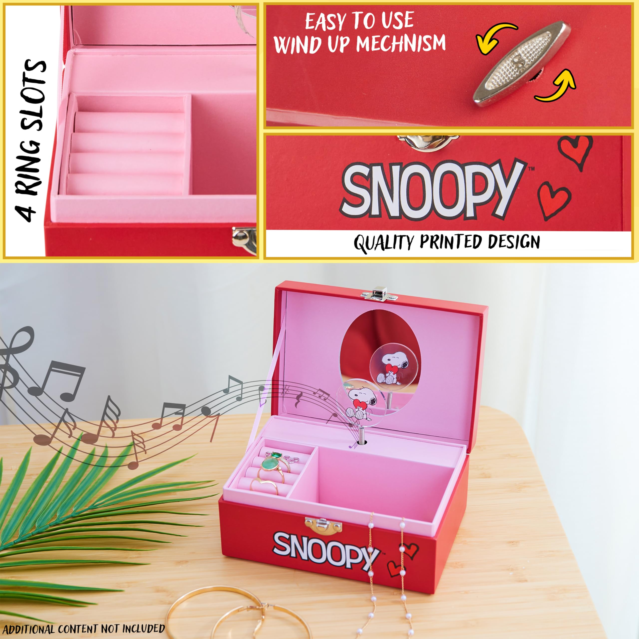Peanuts Snoopy Musical Jewelry Box with Mirror & Storage Compartments - Cute Keepsake Gift for Girls, Teens, Women | Bedroom Decor, Birthday Present, Memory Box for Jewelry & Treasures