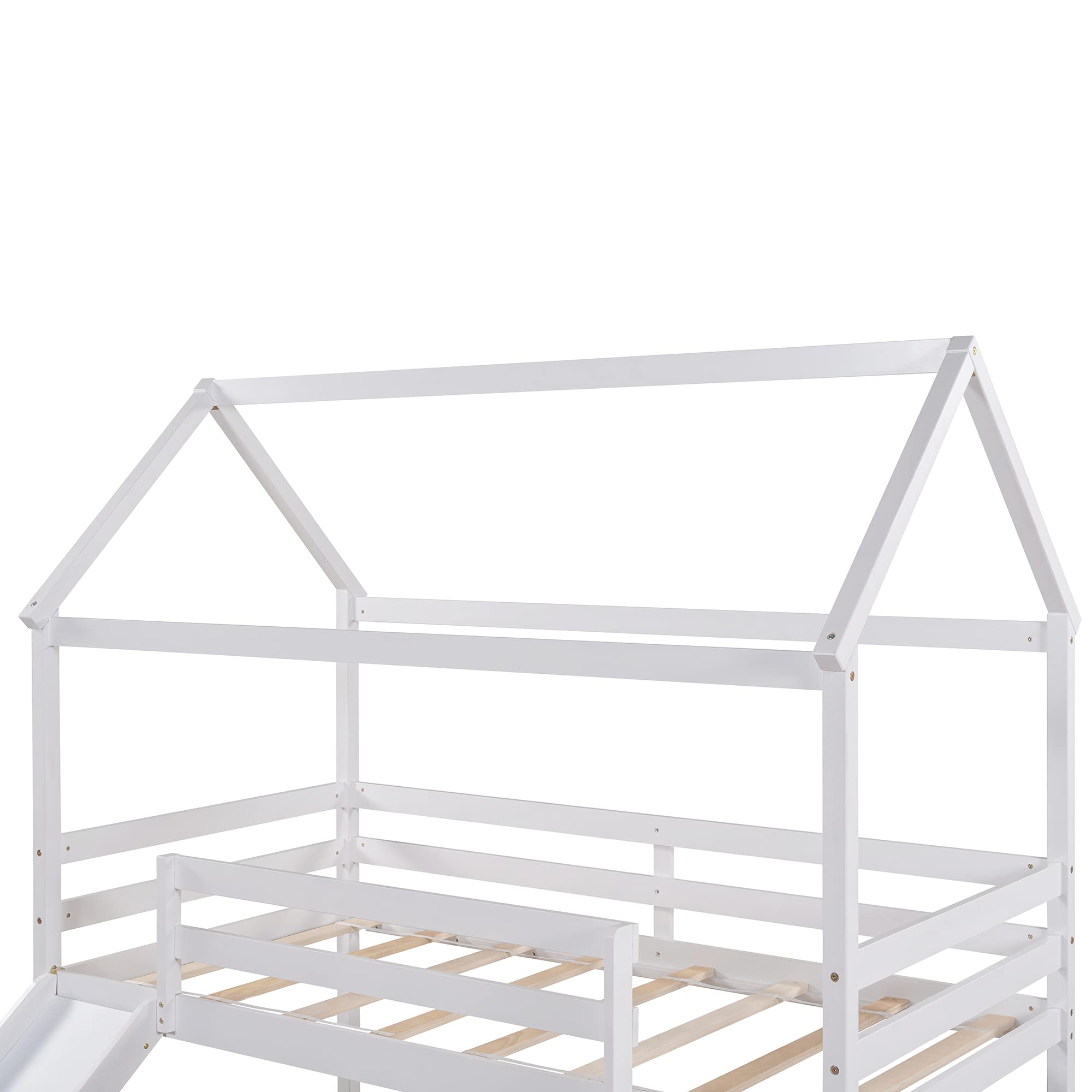 Twin Size Wooden Loft Bed with Slide, Roof & Ladder - Solid Wood House Bed Frame for Kids & Teens - No Box Spring Needed (White) | Perfect for Small Bedrooms, Playrooms & Dorm Rooms