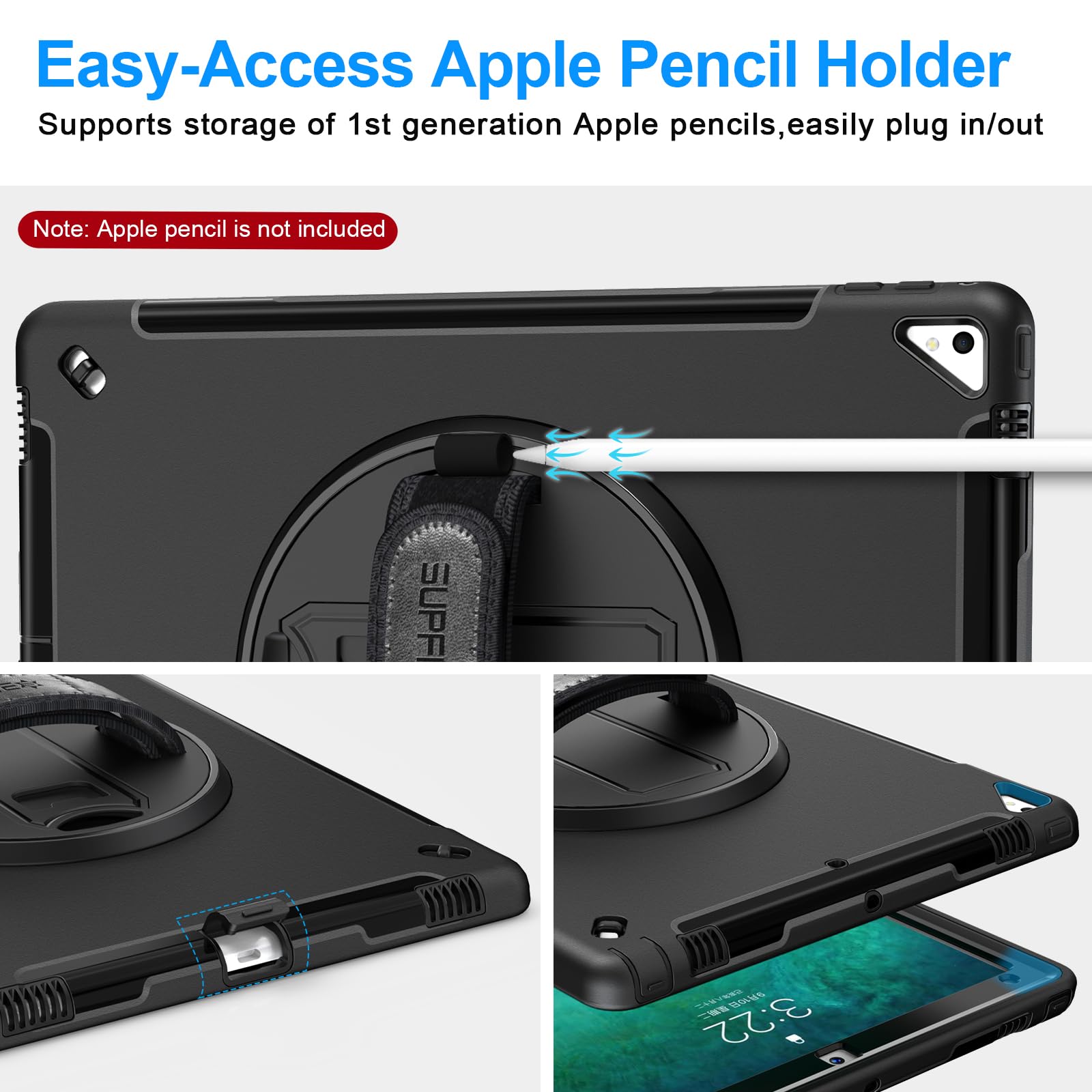 SUPFIVES Military Grade Shockproof iPad Pro 12.9 Case (1st & 2nd Gen 2015/2017) - Heavy Duty Silicone Cover with Pencil Holder, Handle, Shoulder Strap & Rotating Stand - Perfect for Travel, Work & Outdoor Use - Black
