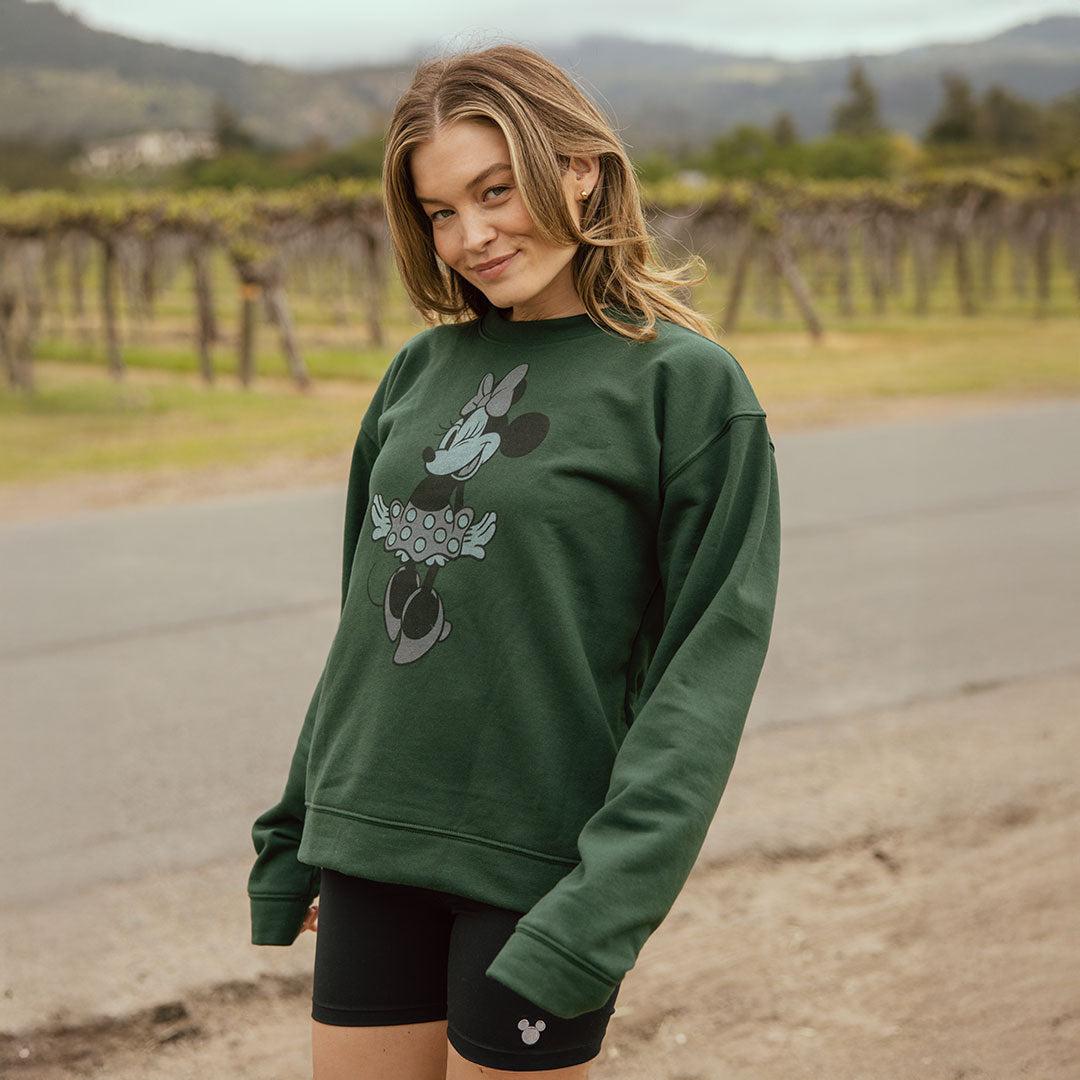 Disney Minnie Mouse Green Crewneck Sweatshirt for Women - Soft Cotton Pullover for Casual Wear, Disneyland Trips & Gift Giving