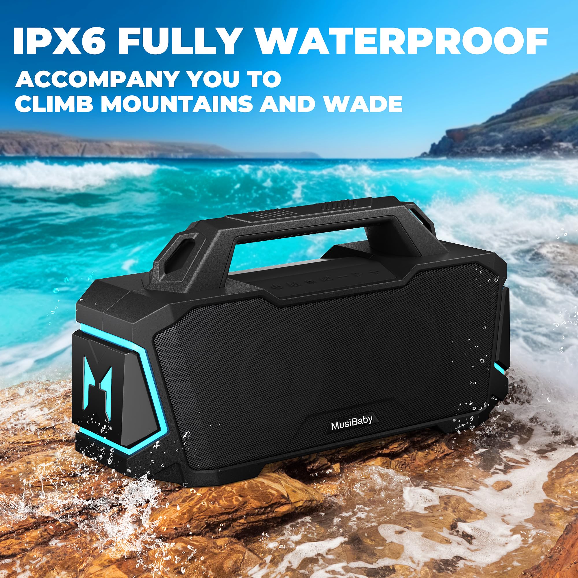 MUSIBABY M1 80W Bluetooth Speaker - IPX6 Waterproof, 20H Playtime, Deep Bass, Wireless Portable Speaker with Dual Pairing & AUX Input - Compatible with iPhone/Android (Black) - Perfect for Outdoor, Party, Camping, Beach & Travel Use