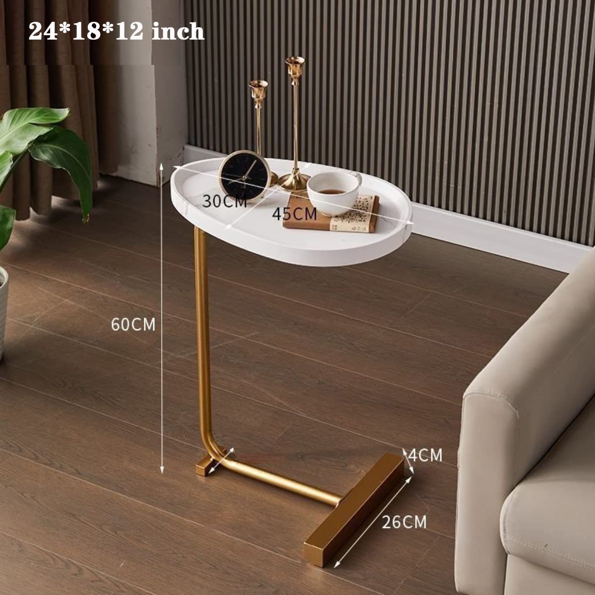 Modern C-Shaped Side Table - Round Coffee Table for Living Room, Sofa & Bedside - Gold Frame with Oval Wood Top - Slim End Table for Small Spaces (24 Inch, White) - Perfect Gift for Home Decor & TV Tray Use