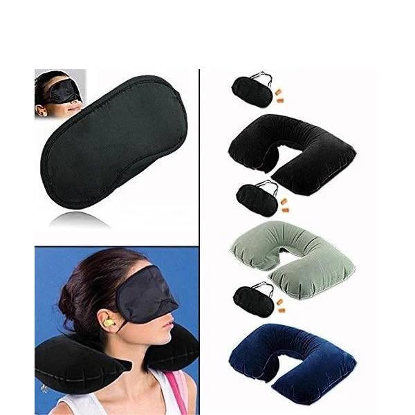 Muhoort 3-in-1 Air Travel Kit - Inflatable Neck Pillow, Soft Cotton Earplugs & Breathable Polyester Eye Mask (Multiple Colors) - Perfect for Long Flights, Business Trips & Relaxation