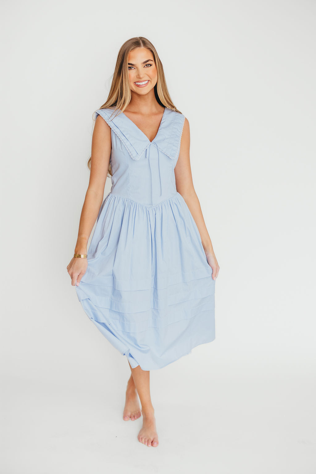 Sailor-Inspired 100% Cotton Collared Midi Dress - Navy Blue Floral Print Women's Summer Dress for Beach Vacation & Casual Outings